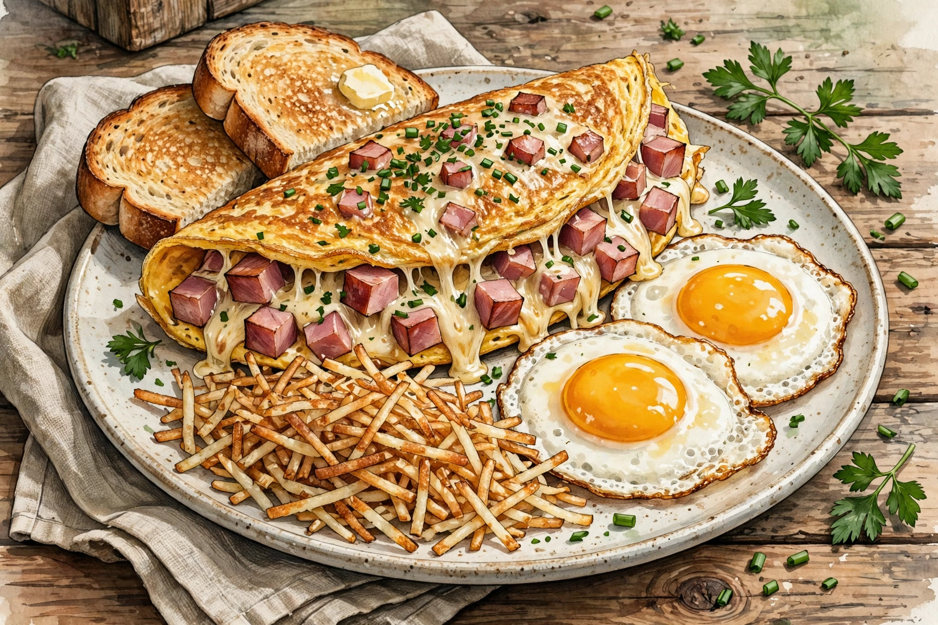 Loaded farmhouse omelet with hashbrowns at Cracker Barrel all day breakfast
