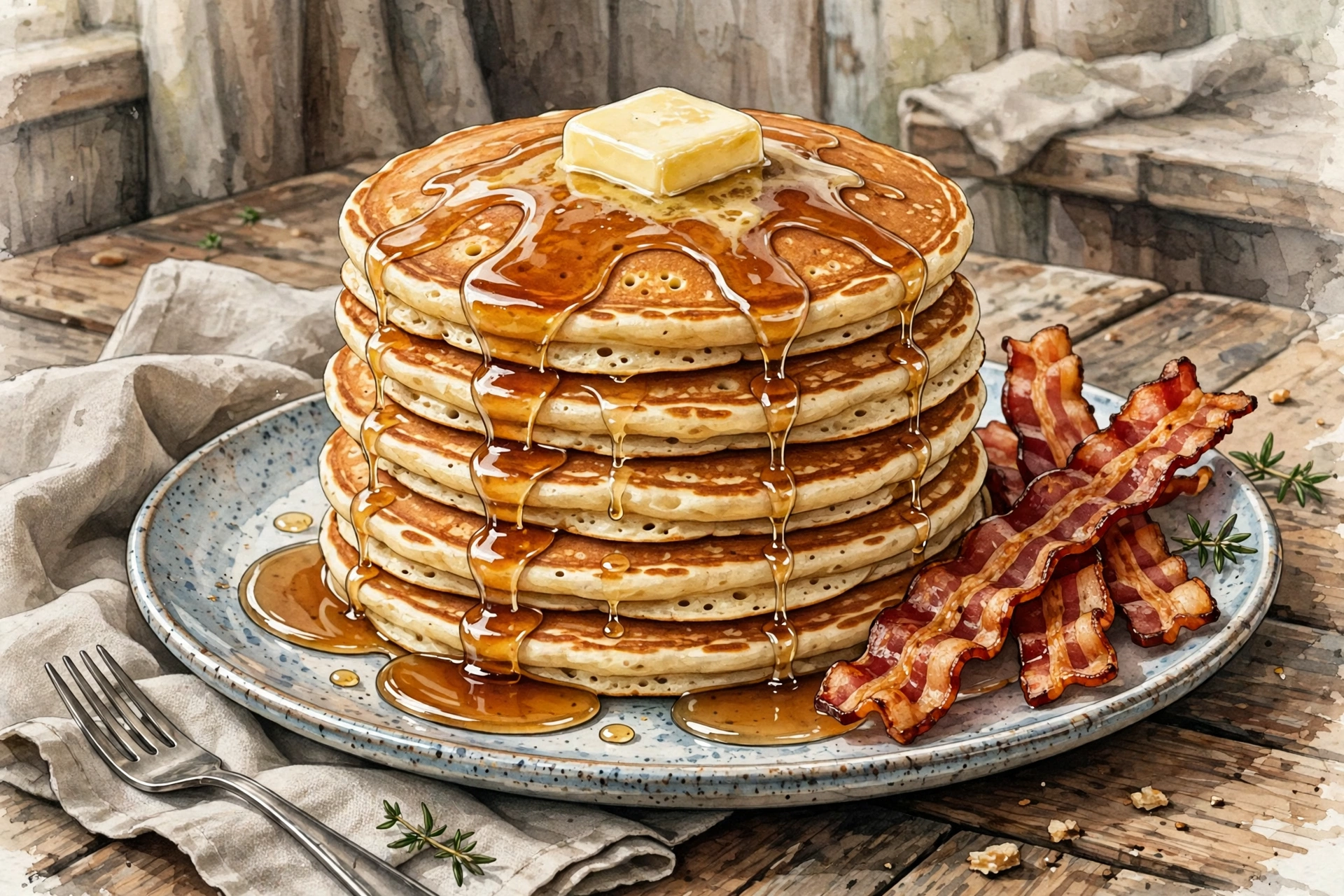 Stack of buttermilk pancakes with bacon at Cracker Barrel all day breakfast
