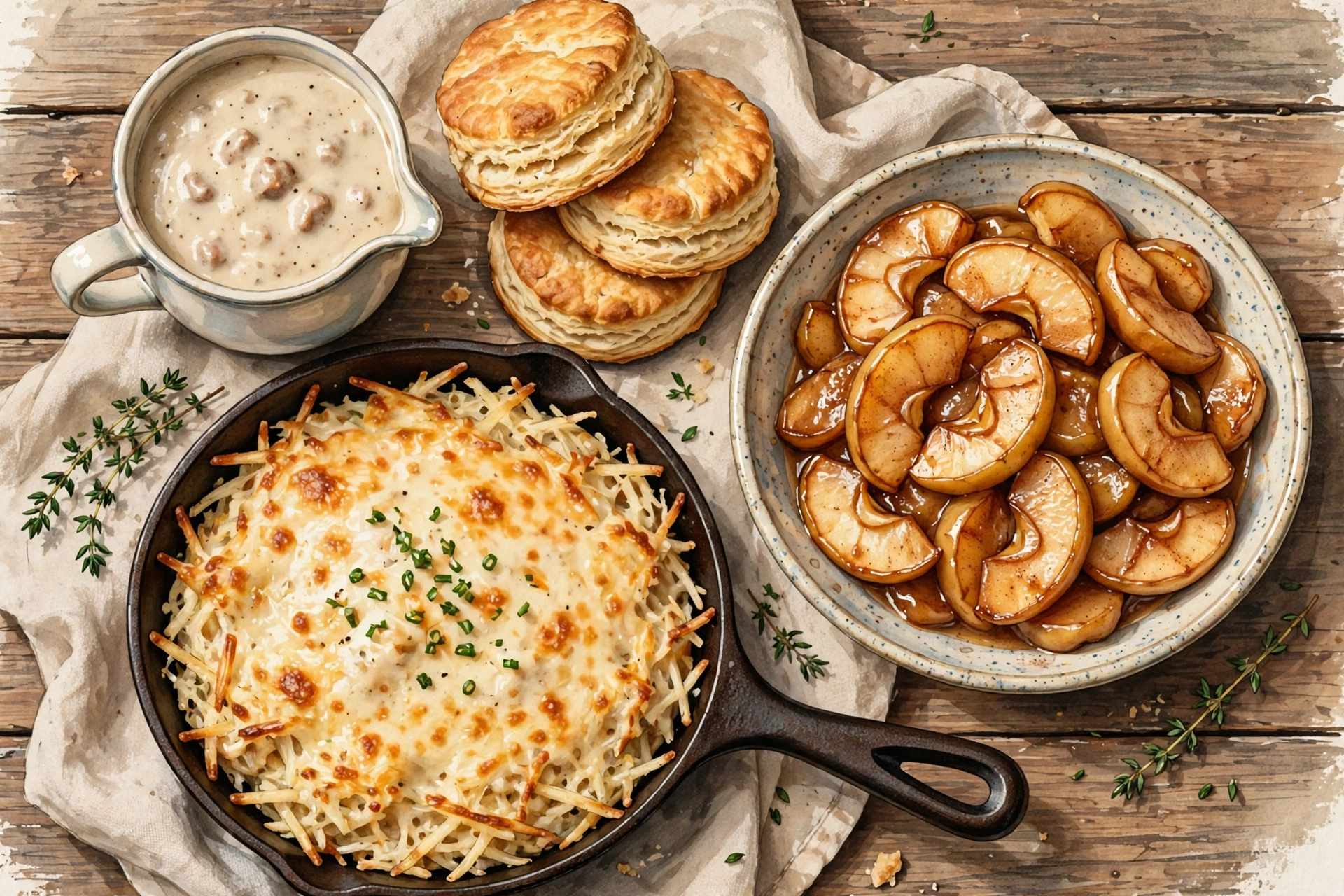 Southern breakfast sides including biscuits, hashbrown casserole and fried apples