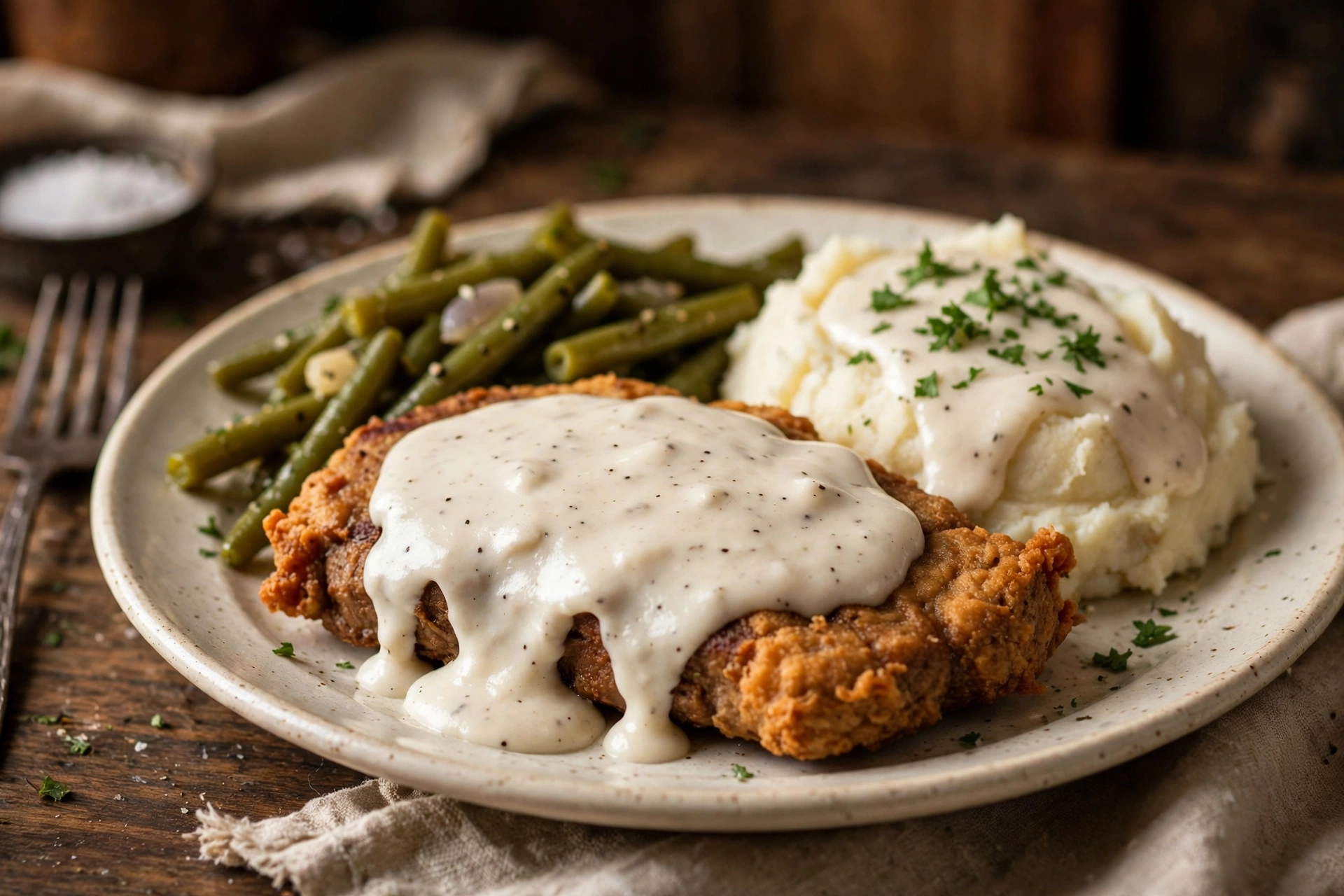 country fried steak with mashed potatoes and green beans