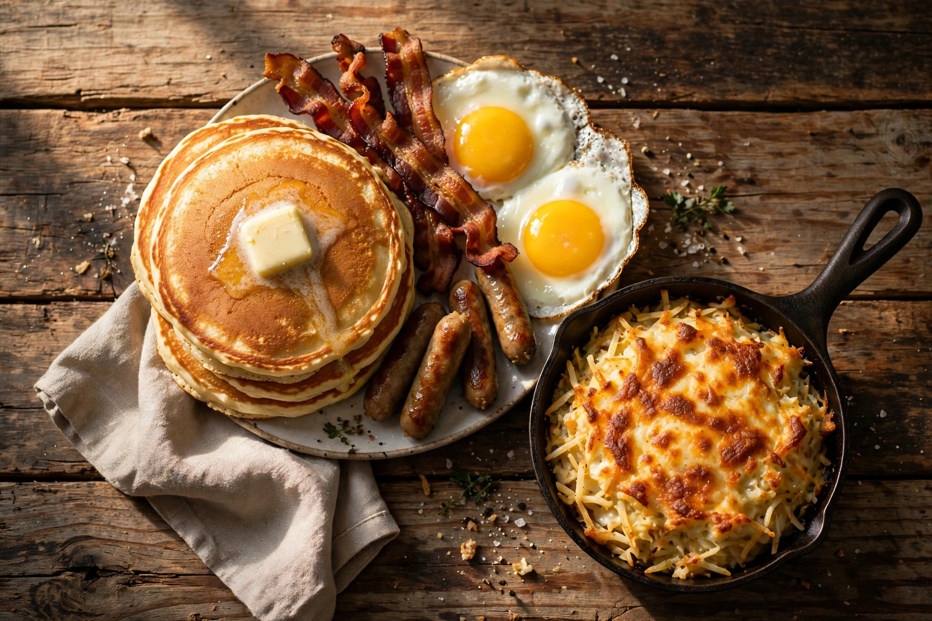Southern breakfast plate with pancakes eggs and bacon