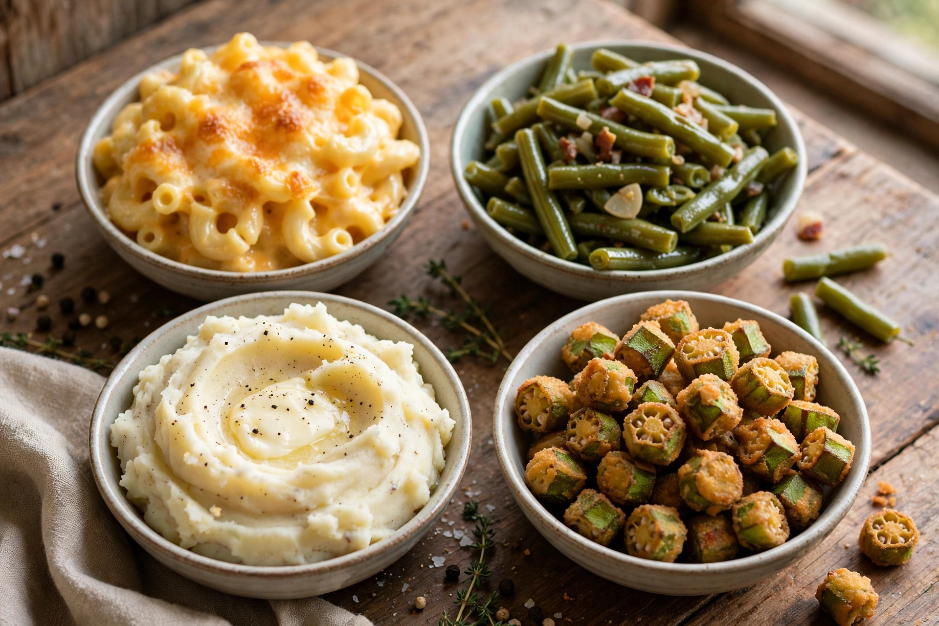 classic Southern side dishes in small bowls