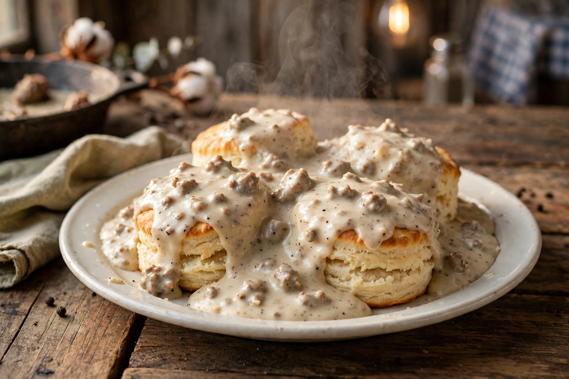 Buttermilk biscuits covered in creamy sausage gravy
