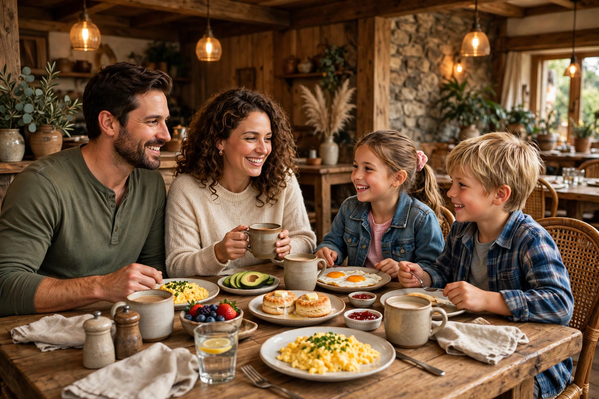 Family sharing a breakfast meal together at a rustic restaurant table