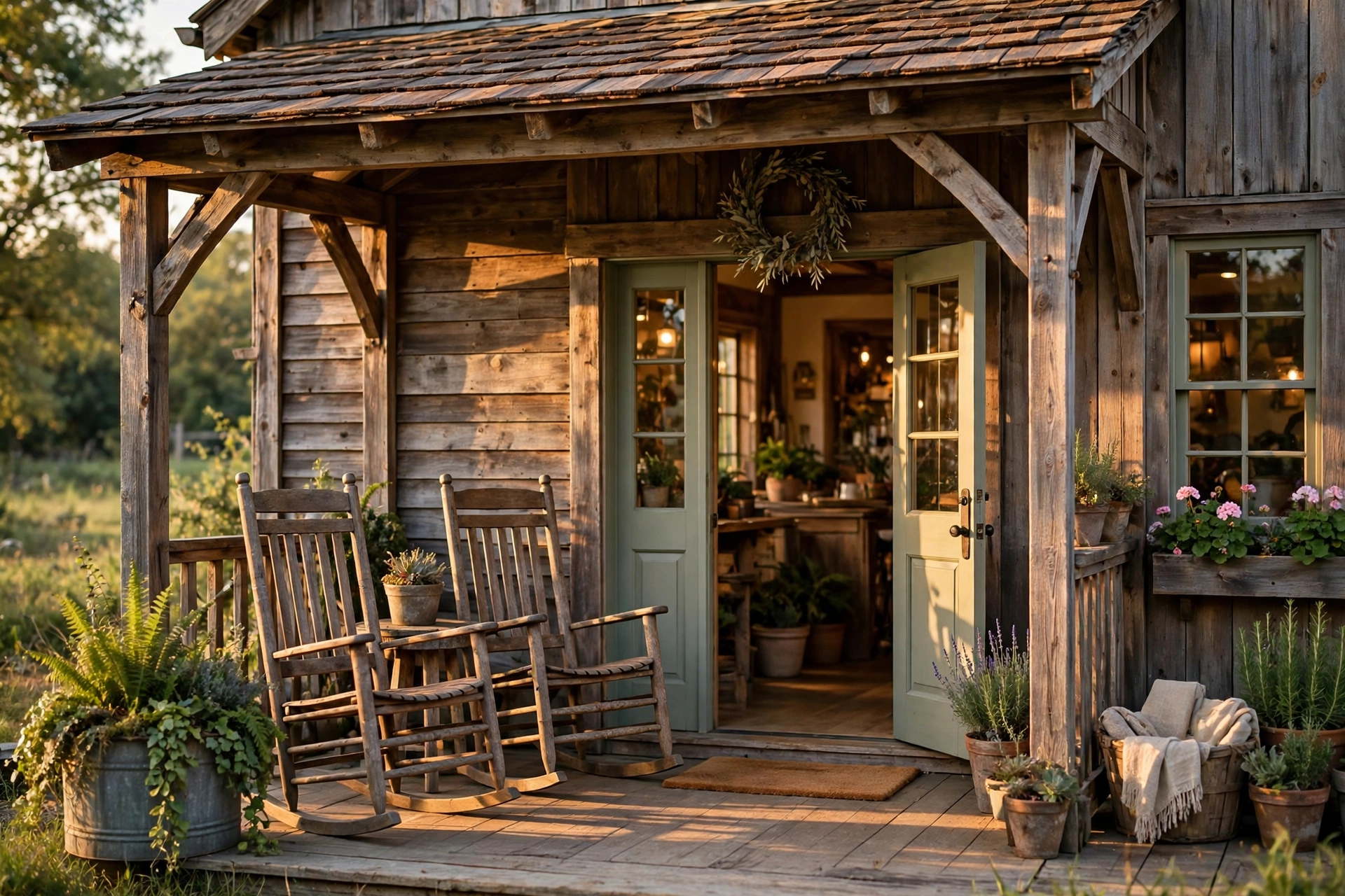 Front porch of a country restaurant in the late afternoon