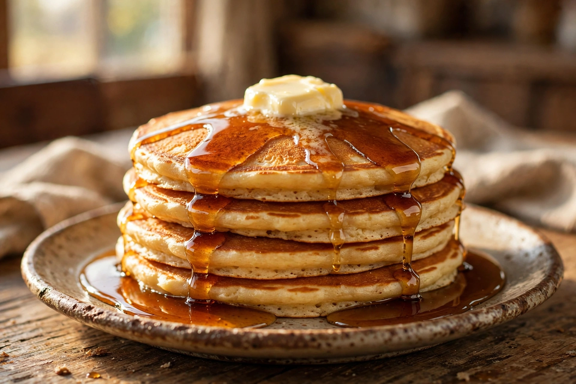 Stack of pancakes with butter served as an all-day breakfast option