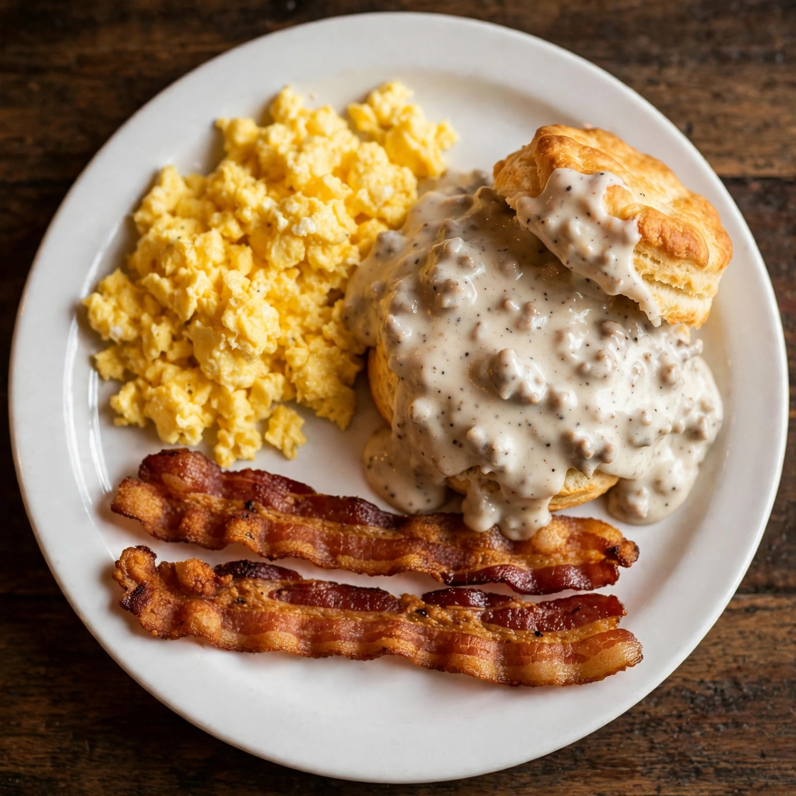 Southern breakfast plate with scrambled eggs and a biscuit with gravy