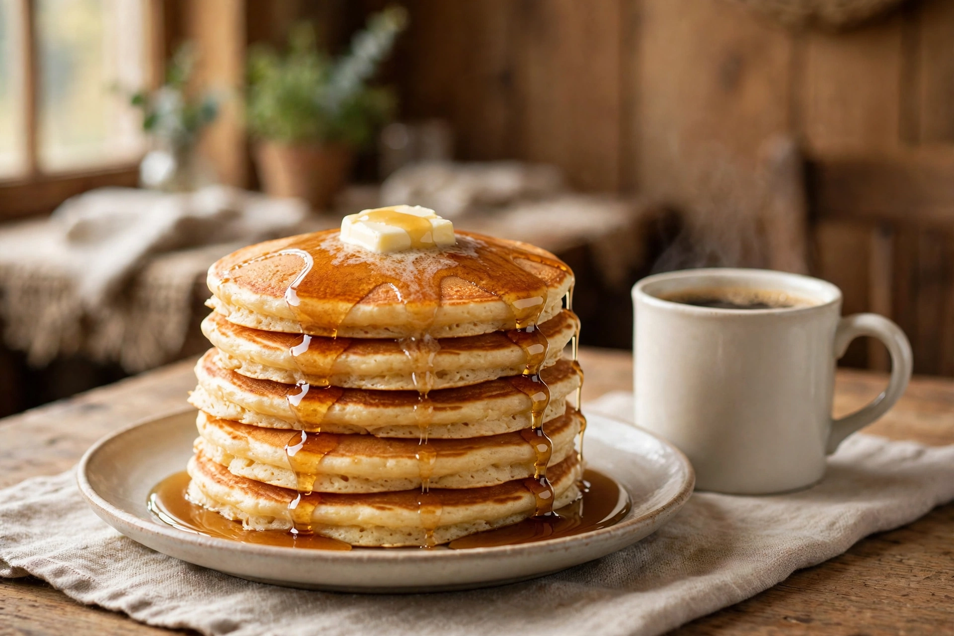 Stack of buttermilk pancakes with butter and syrup
