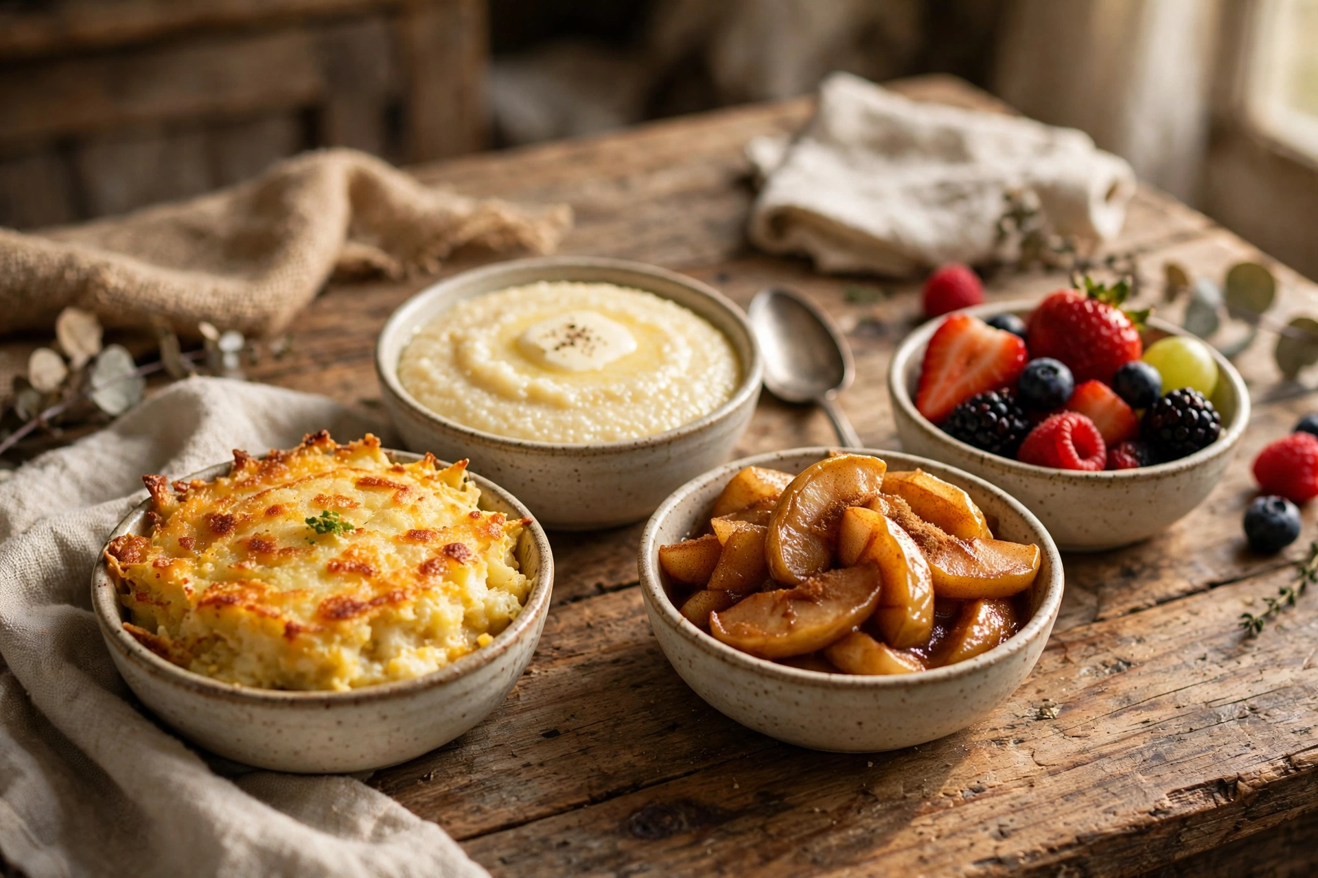 Country breakfast sides including hashbrown casserole, grits, and fried apples