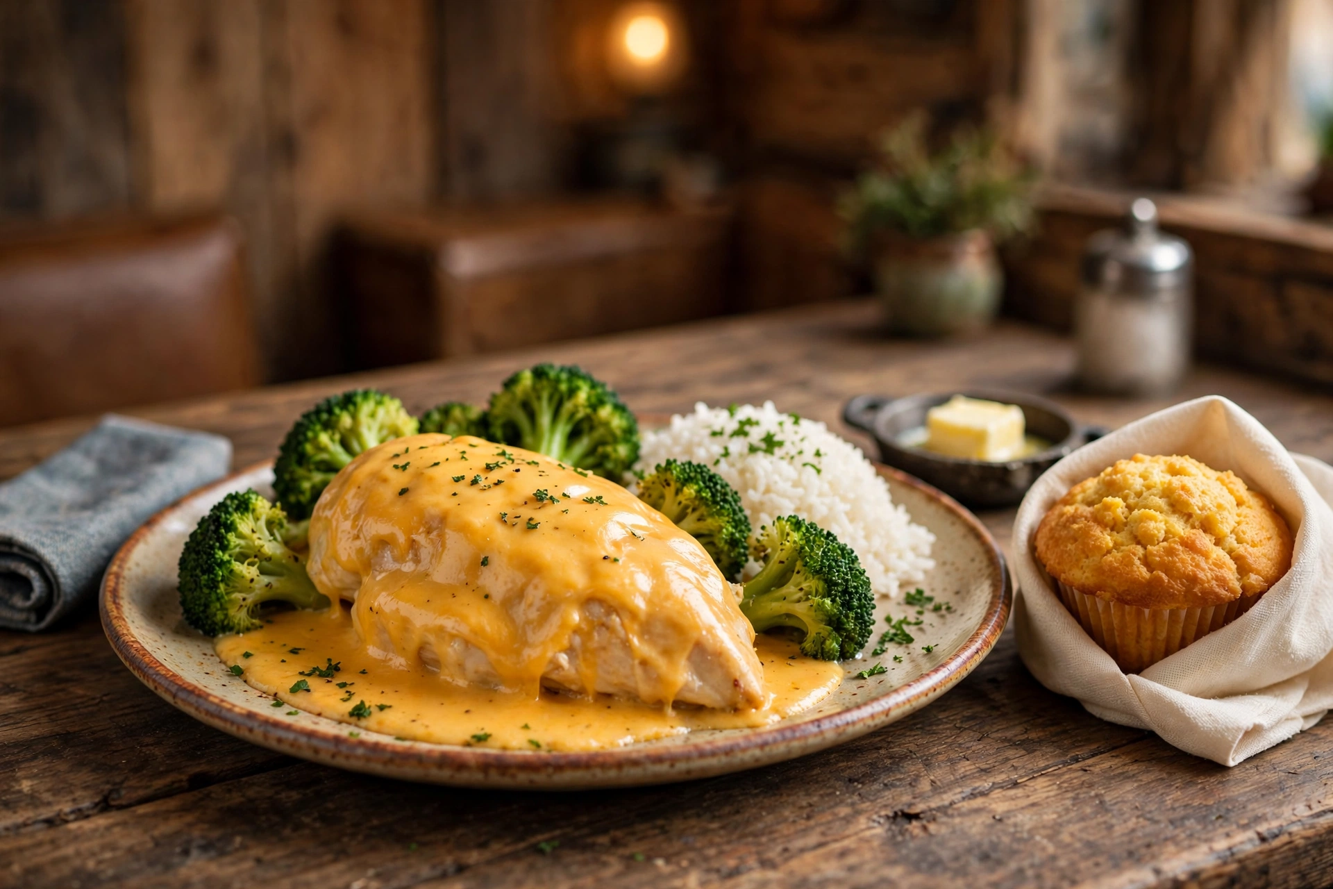 Broccoli cheddar chicken with creamy cheese sauce and broccoli
