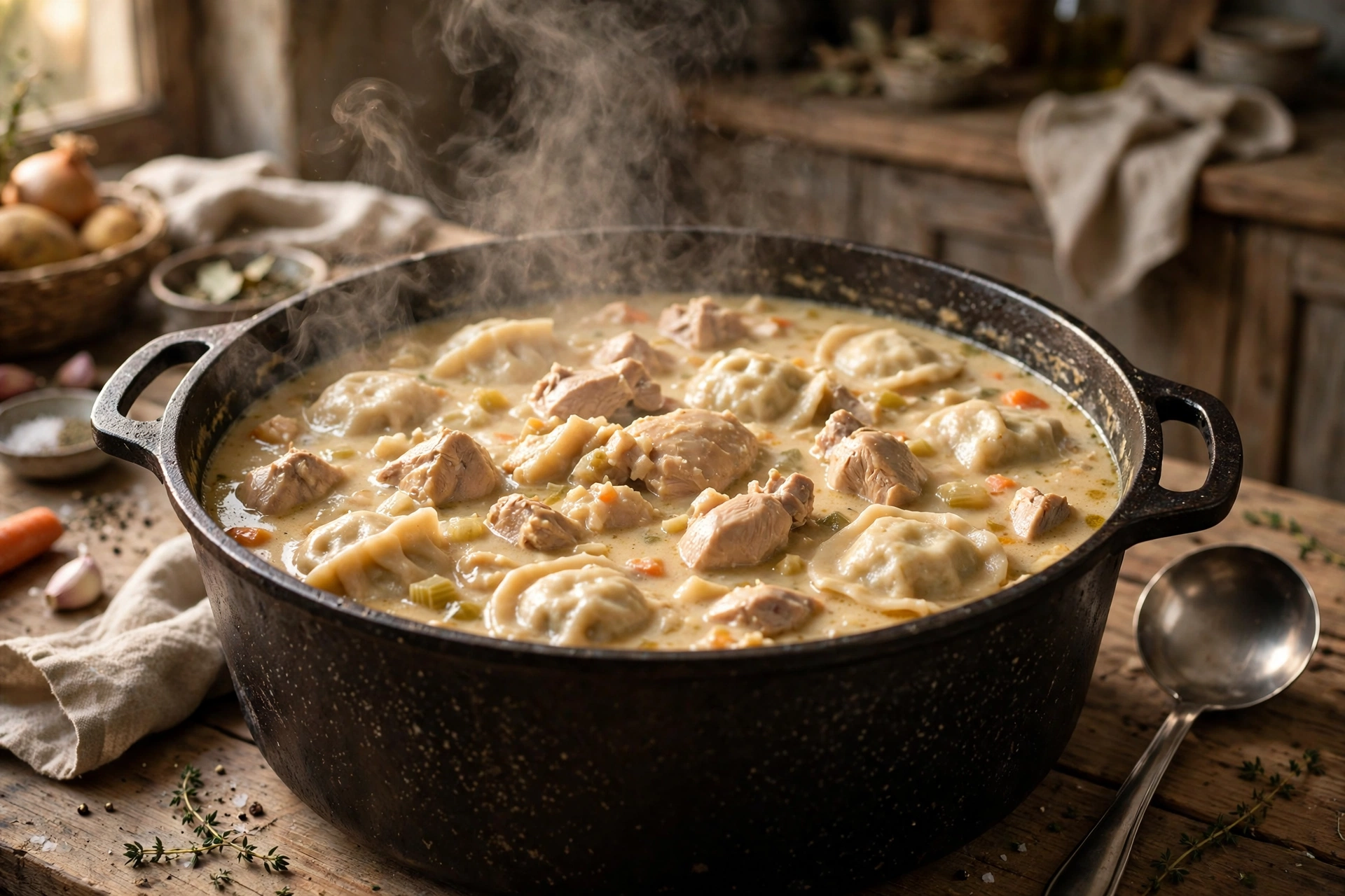 Chicken n' Dumplins family meal in a large pot with creamy broth
