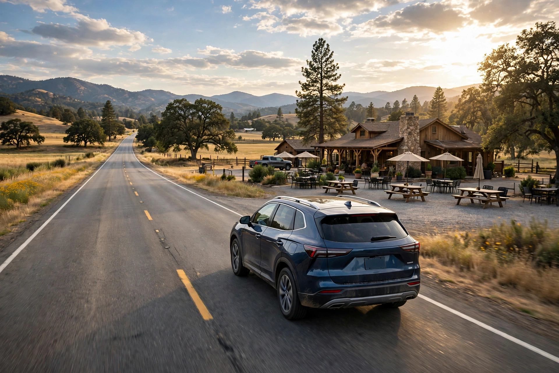A car traveling on a scenic highway toward a countryside restaurant stop