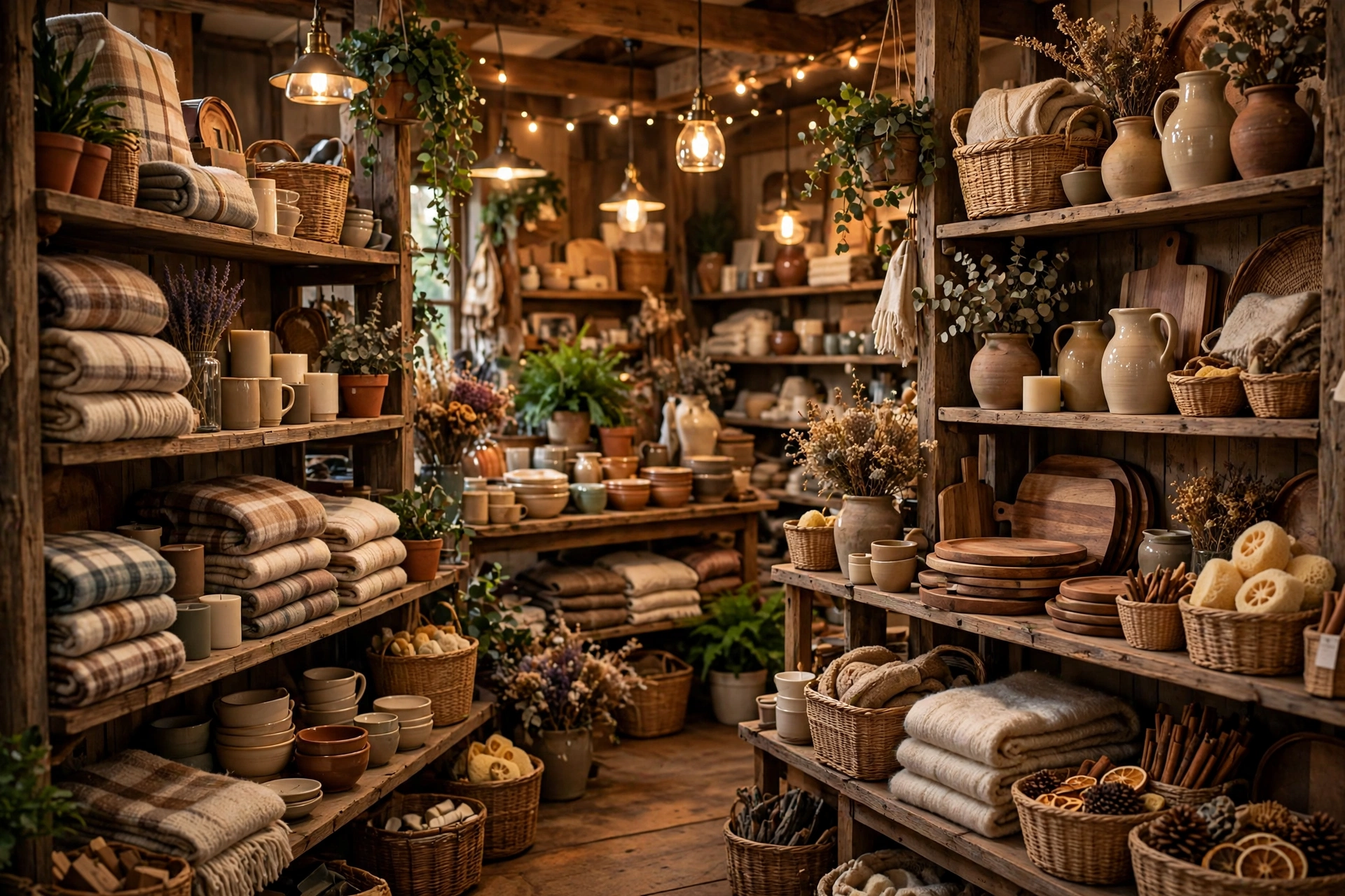 Inside a cozy country store with wooden shelves and home goods