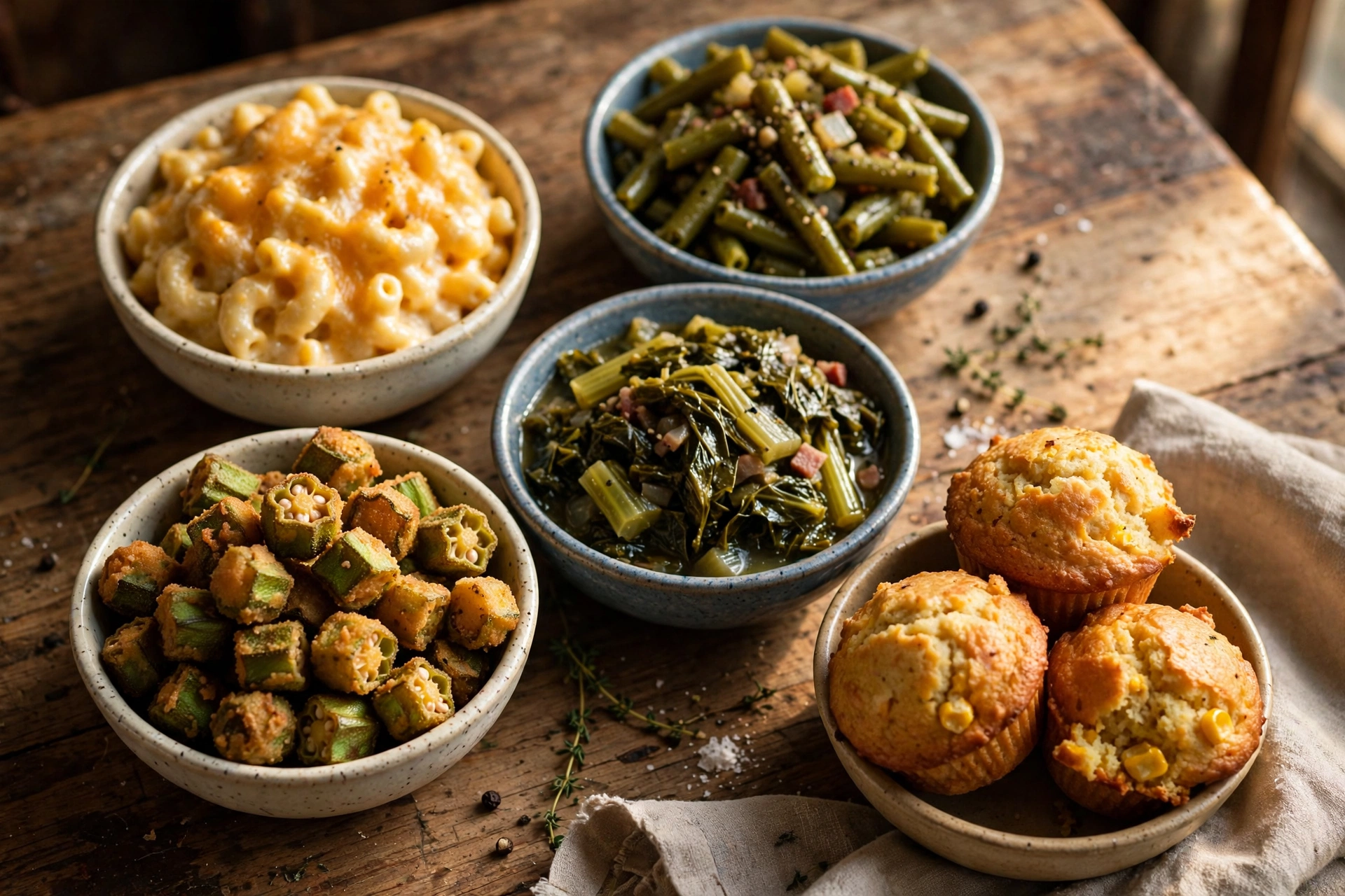 Cracker Barrel country dinner sides: mac and cheese, green beans, fried okra and corn muffins