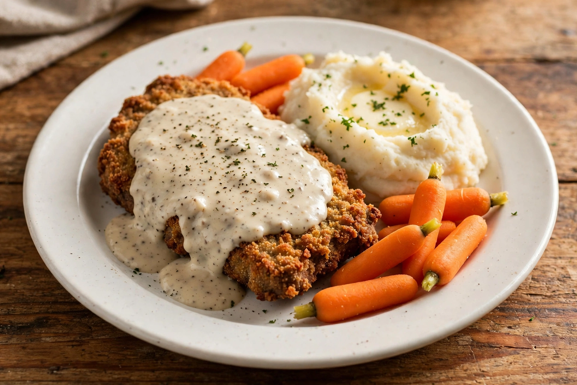 Country fried steak dinner with creamy white gravy and mashed potatoes
