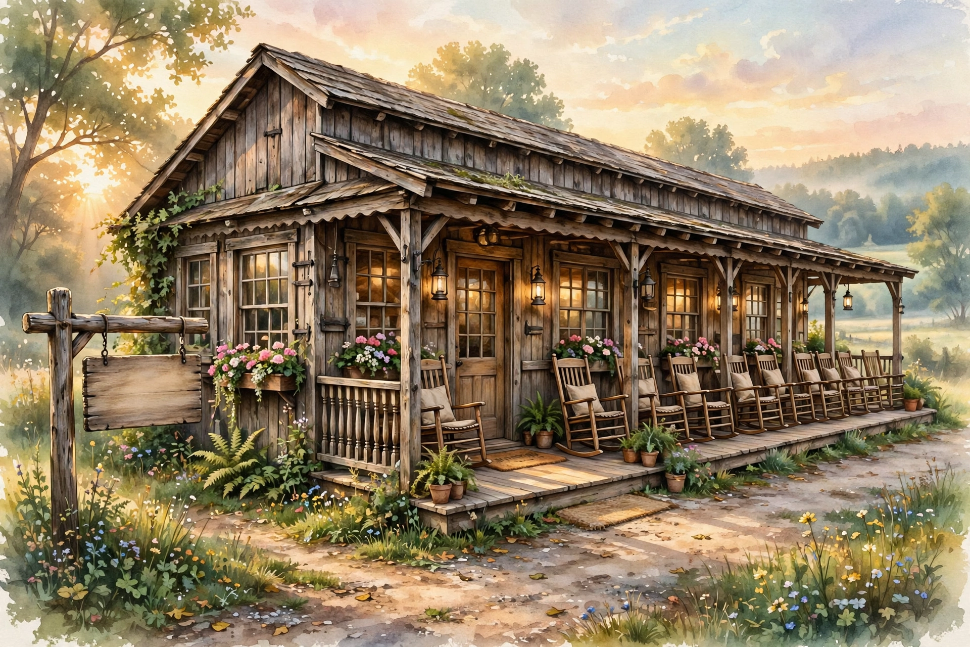 Cracker and Barrel restaurant storefront with rocking chairs on the porch at sunrise