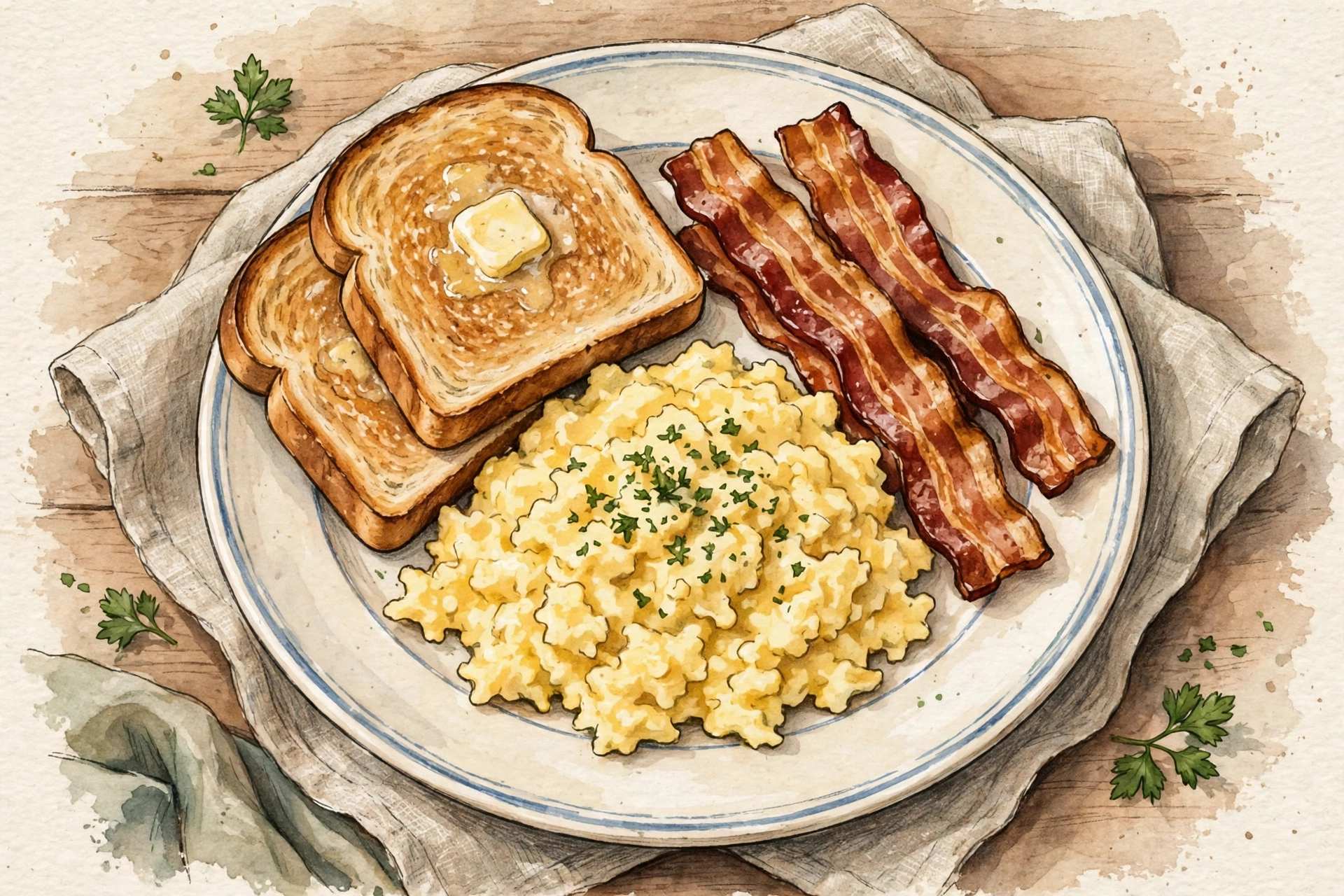 Scrambled eggs with bacon and toast for cracker barrel all day breakfast