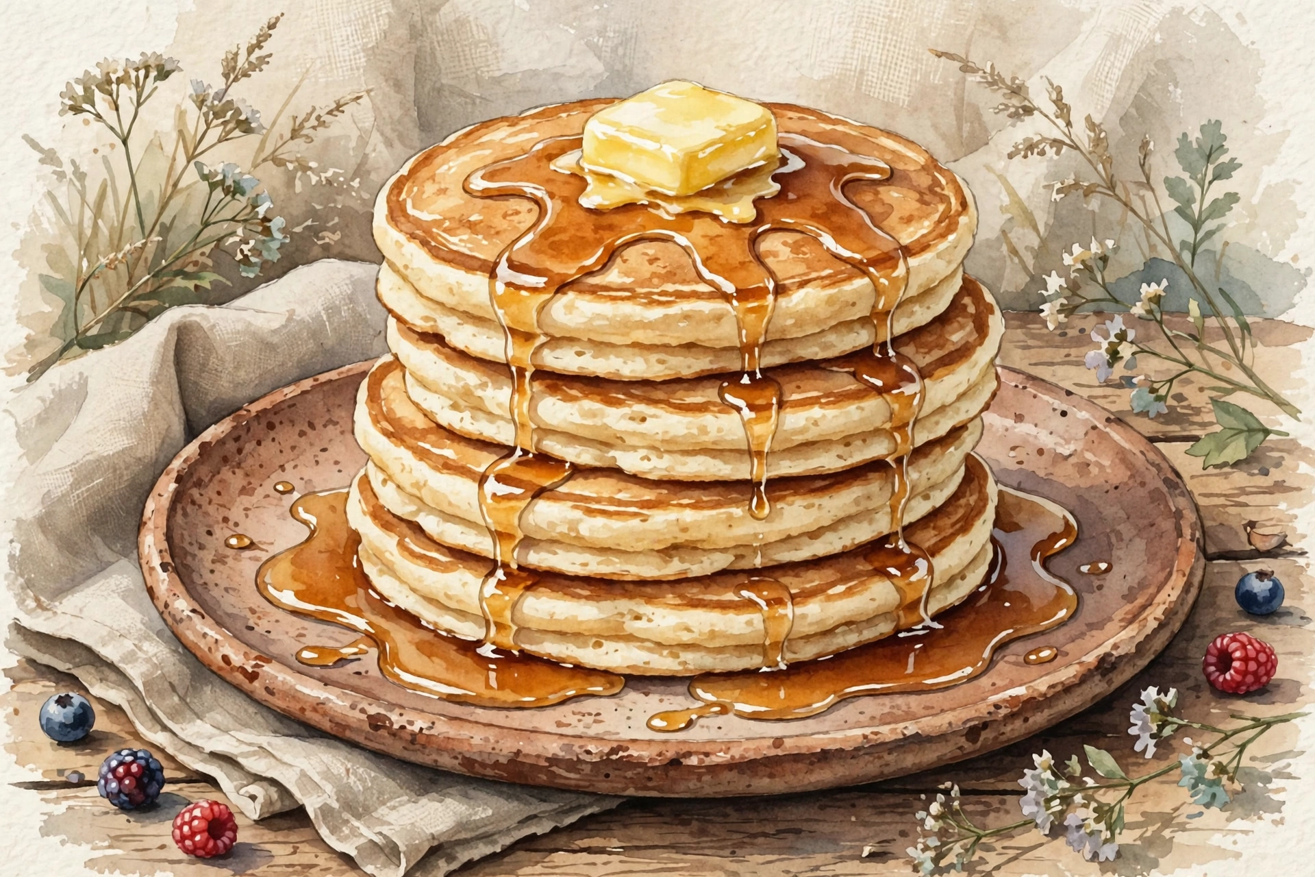 Fluffy pancakes with butter and syrup for cracker barrel all day breakfast