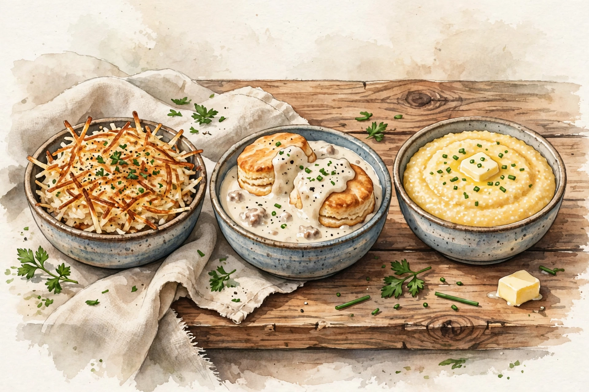 Country breakfast sides including hash browns biscuits and grits