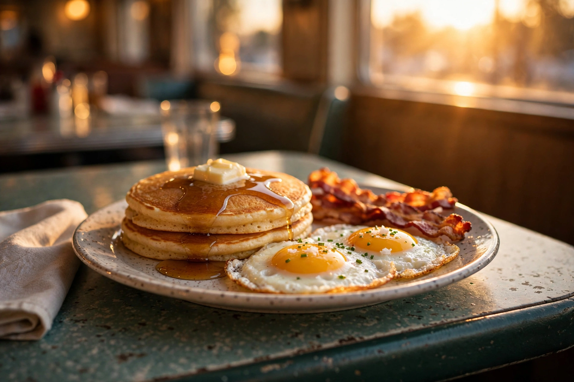 Breakfast plate with eggs and pancakes served in warm evening restaurant light