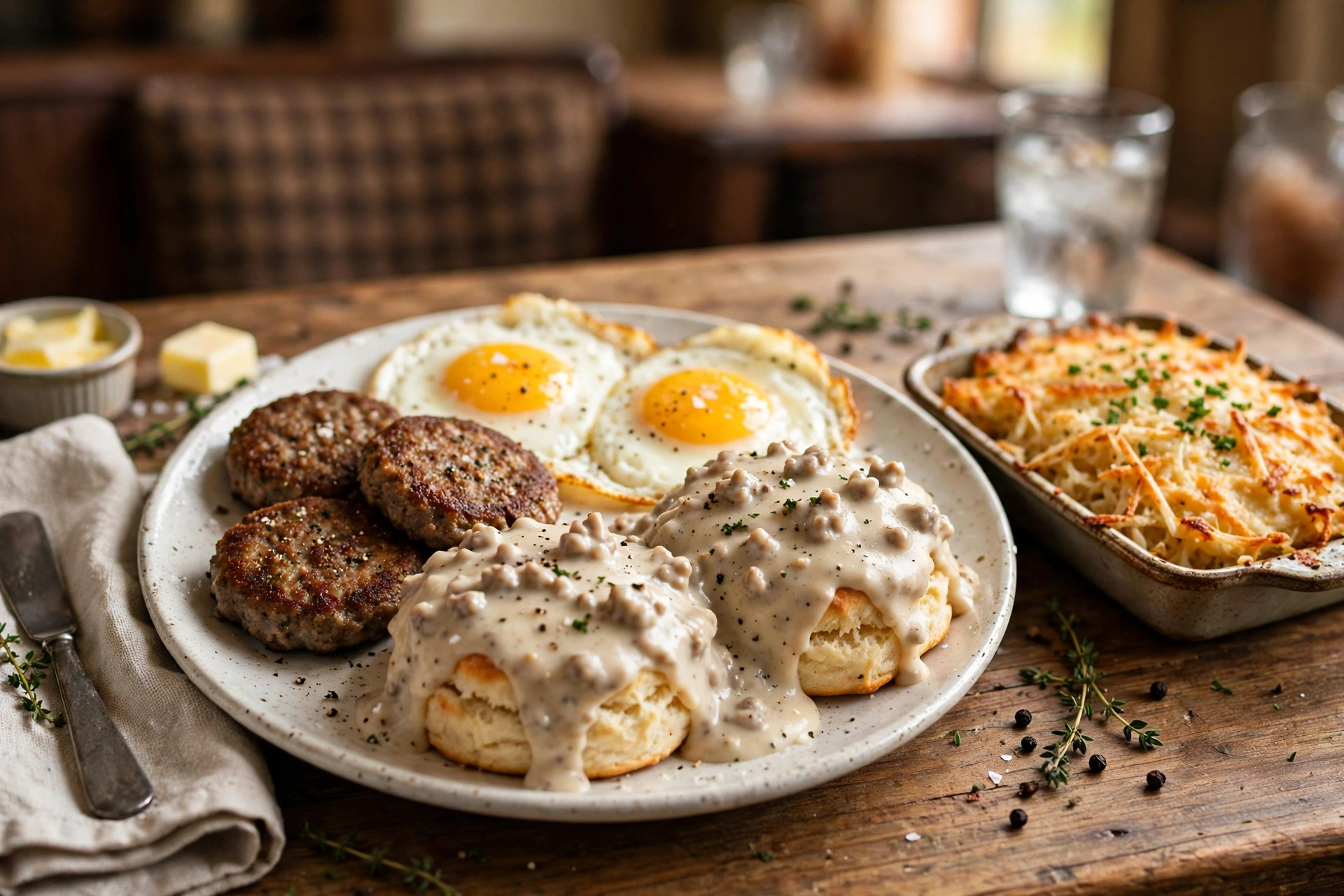Cracker Barrel breakfast served all day with eggs, sausage, biscuits and gravy