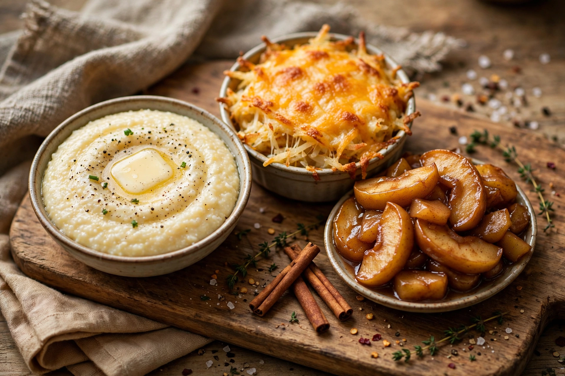Southern breakfast sides including grits, hashbrown casserole and fried apples