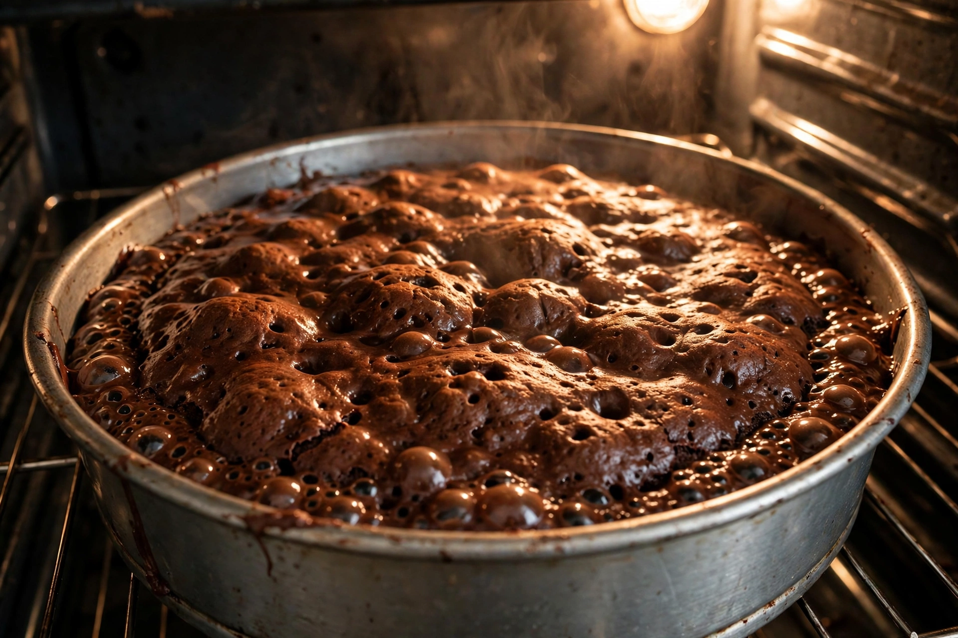Chocolate cake baking in a pan