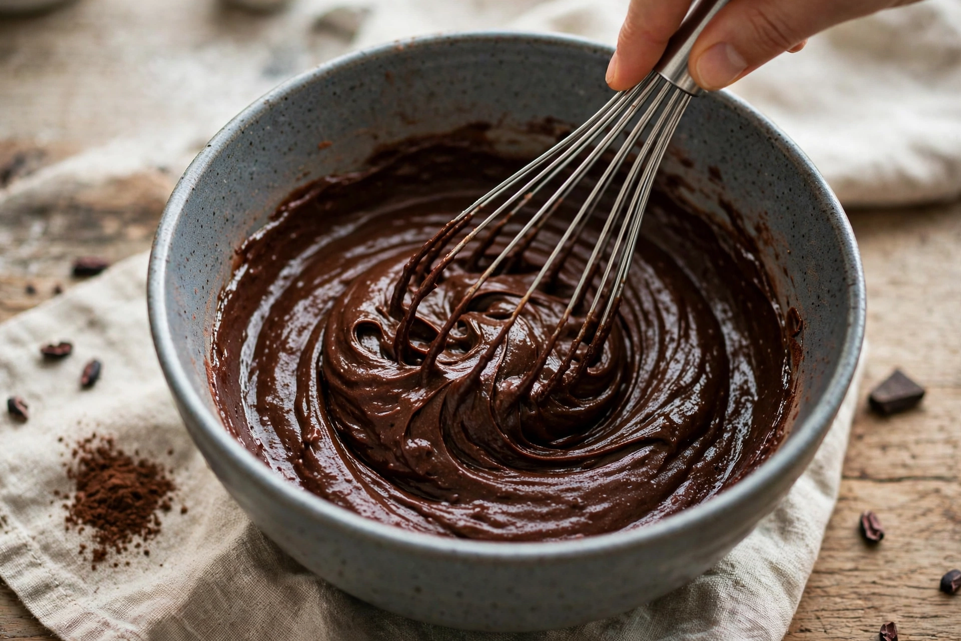 Mixing chocolate cake batter in a bowl