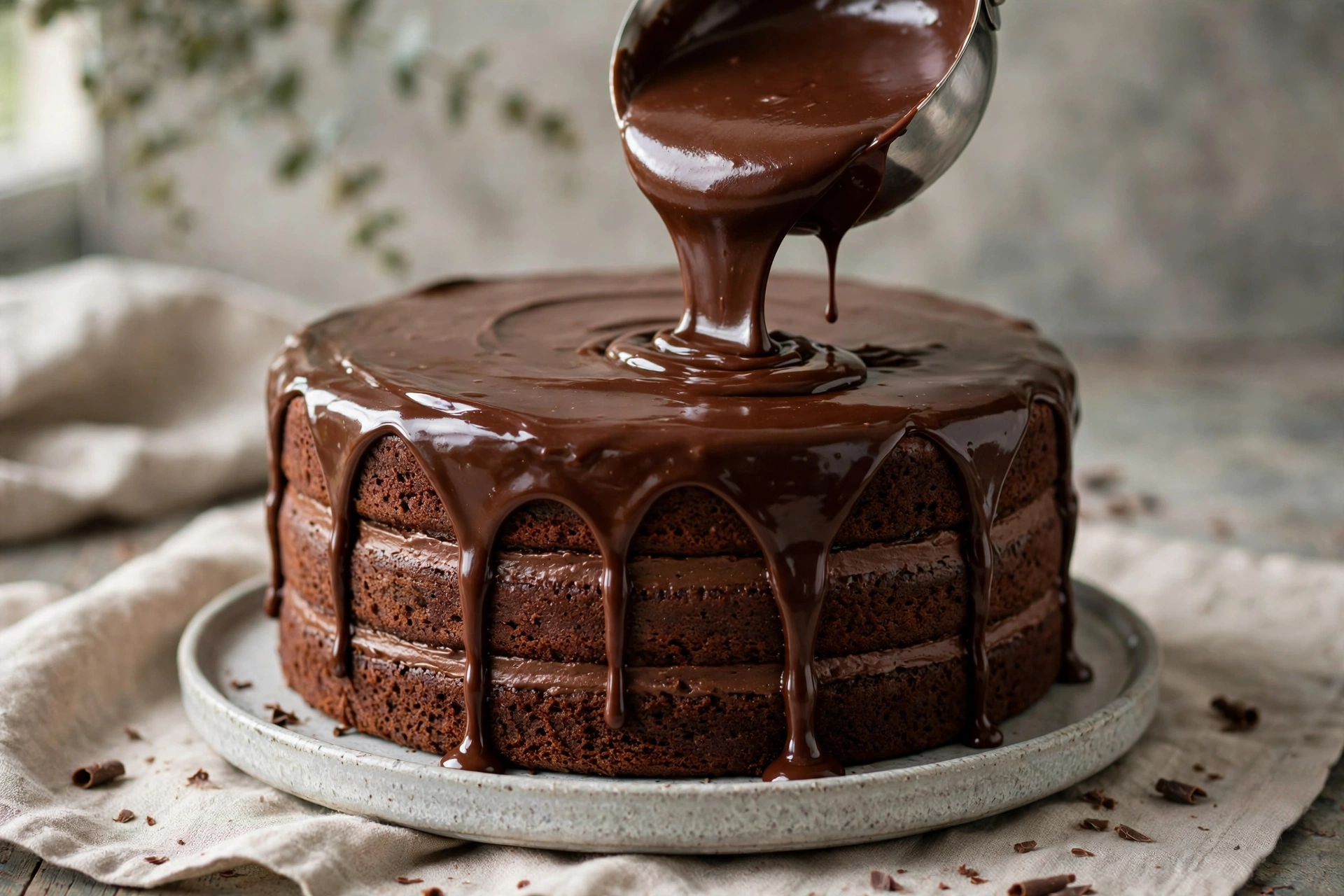 Pouring chocolate frosting over a cake