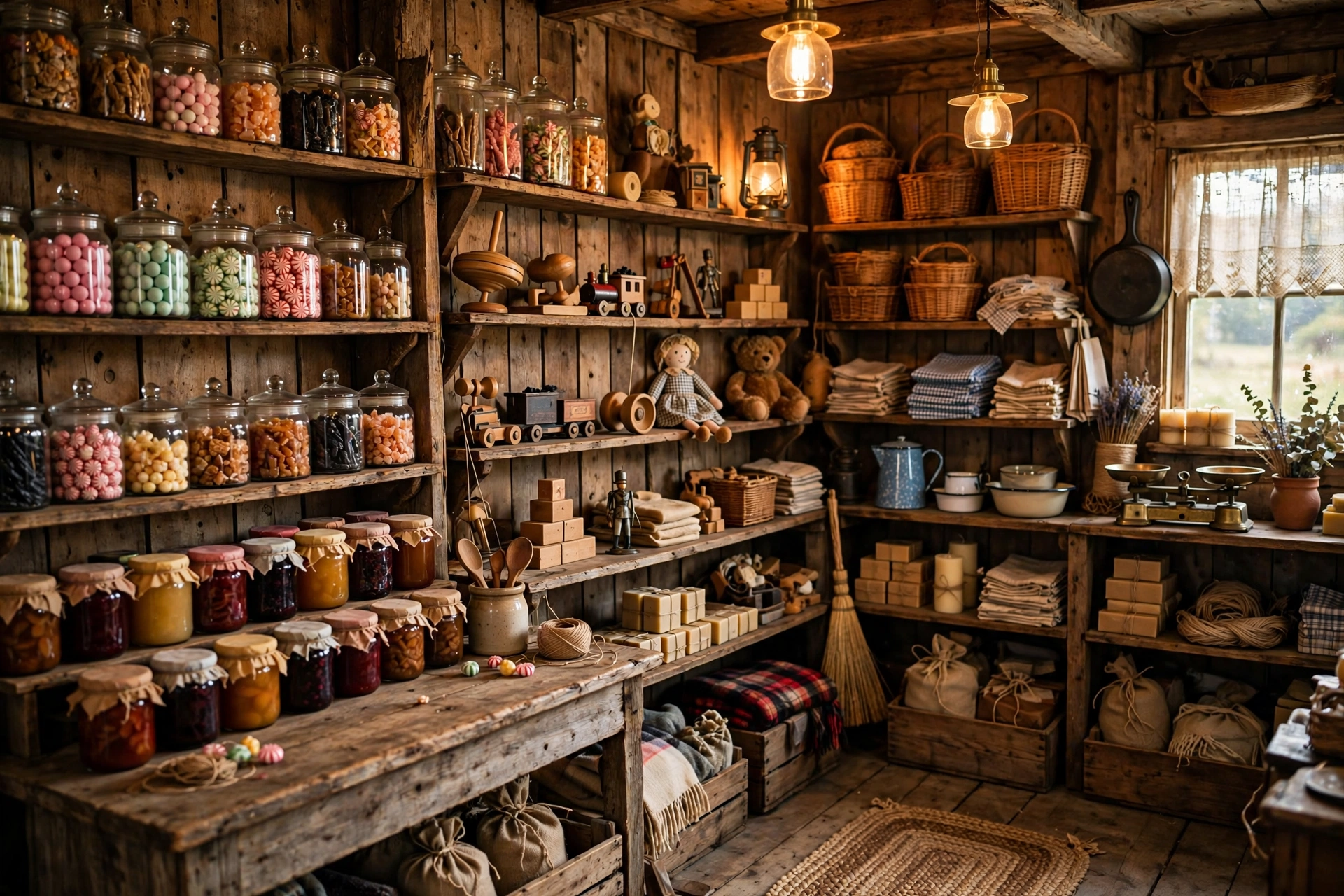 Rustic country store shelves with nostalgic goods and gifts
