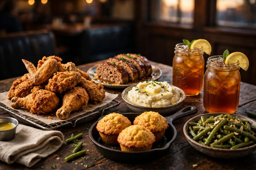 Cracker Barrel dinner menu with prices: country dinner table with fried chicken and meatloaf