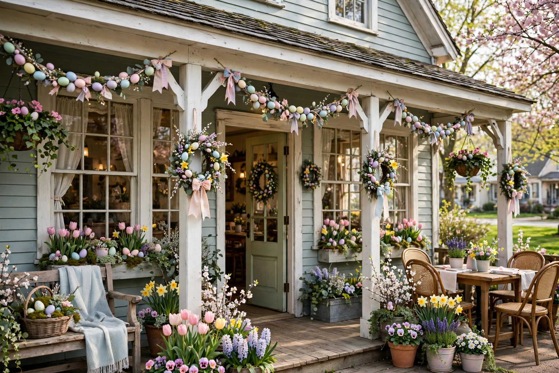Country restaurant in spring with Easter decorations outside