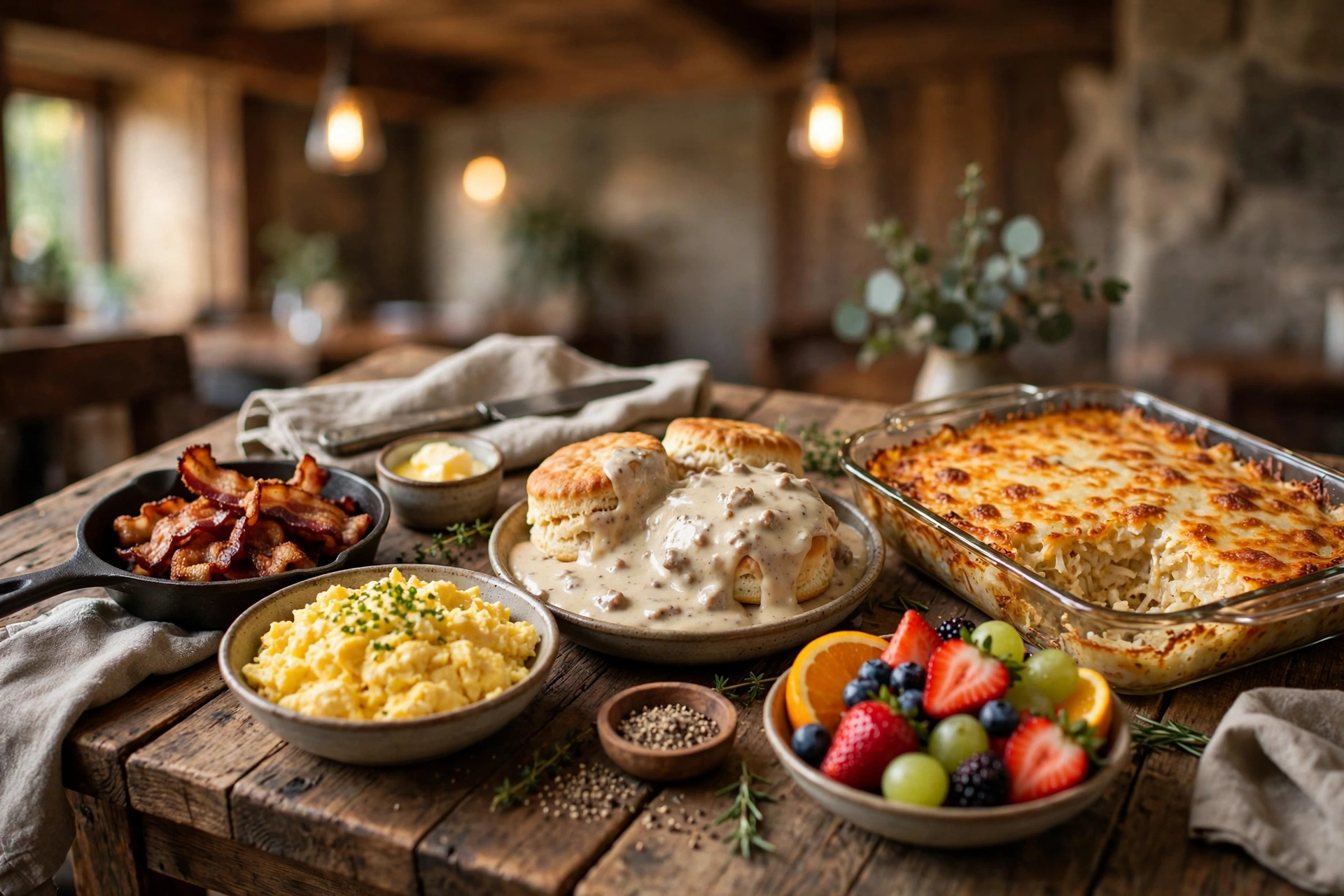 Country brunch spread with eggs, biscuits, bacon and fresh fruit