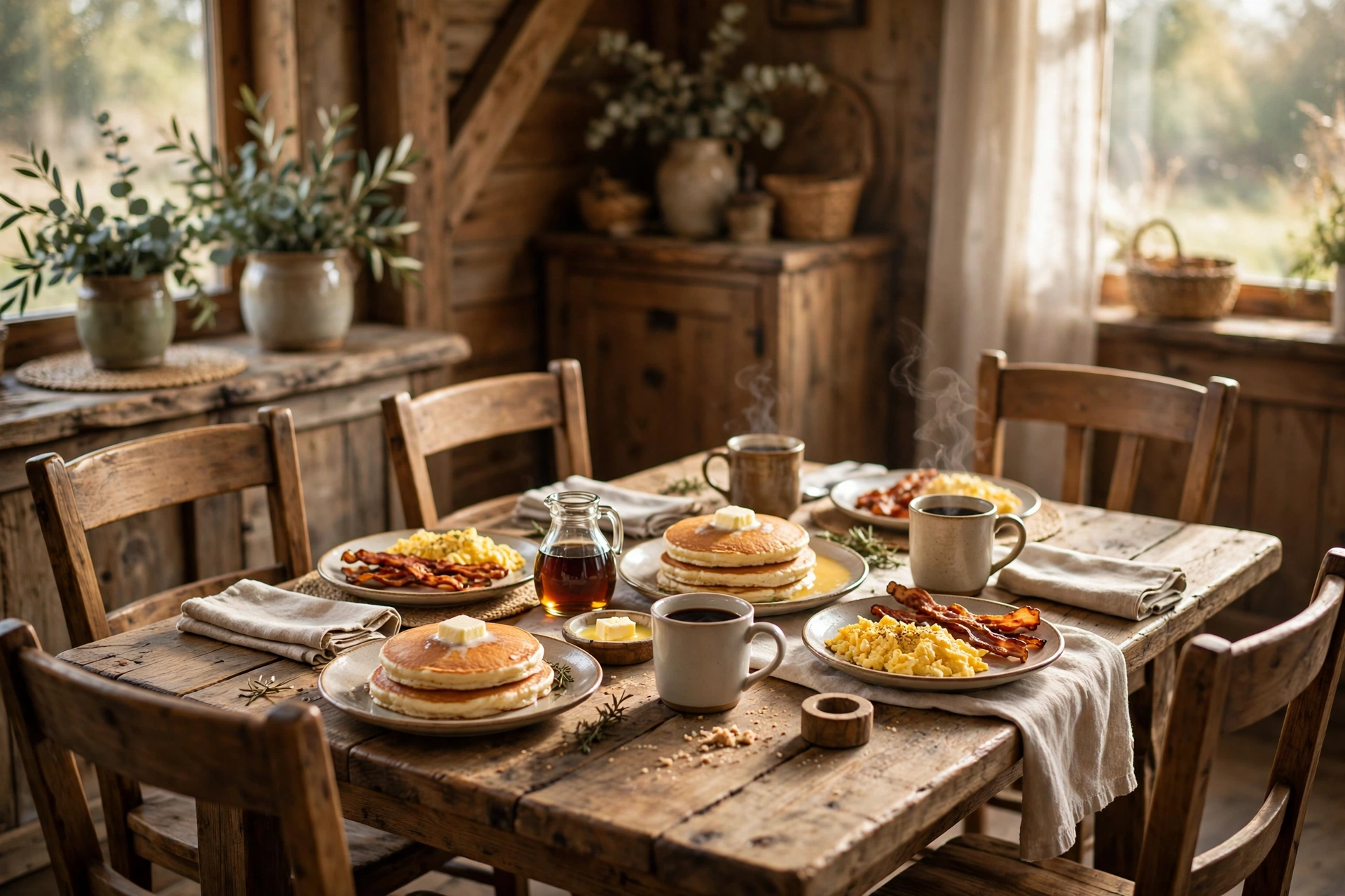 Family breakfast table with pancakes and egg plates in a warm restaurant