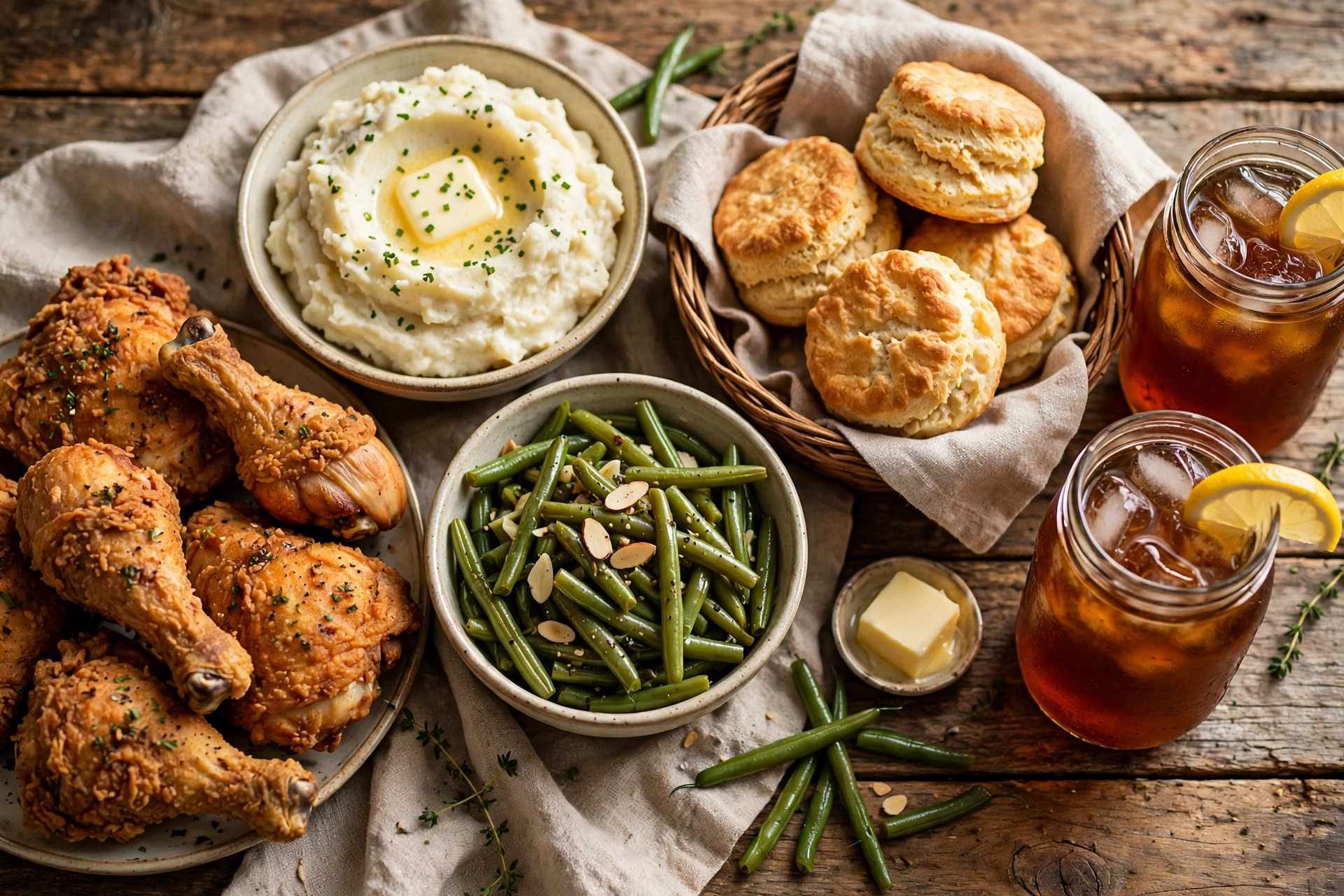 Family style Southern comfort food served on a rustic wooden table