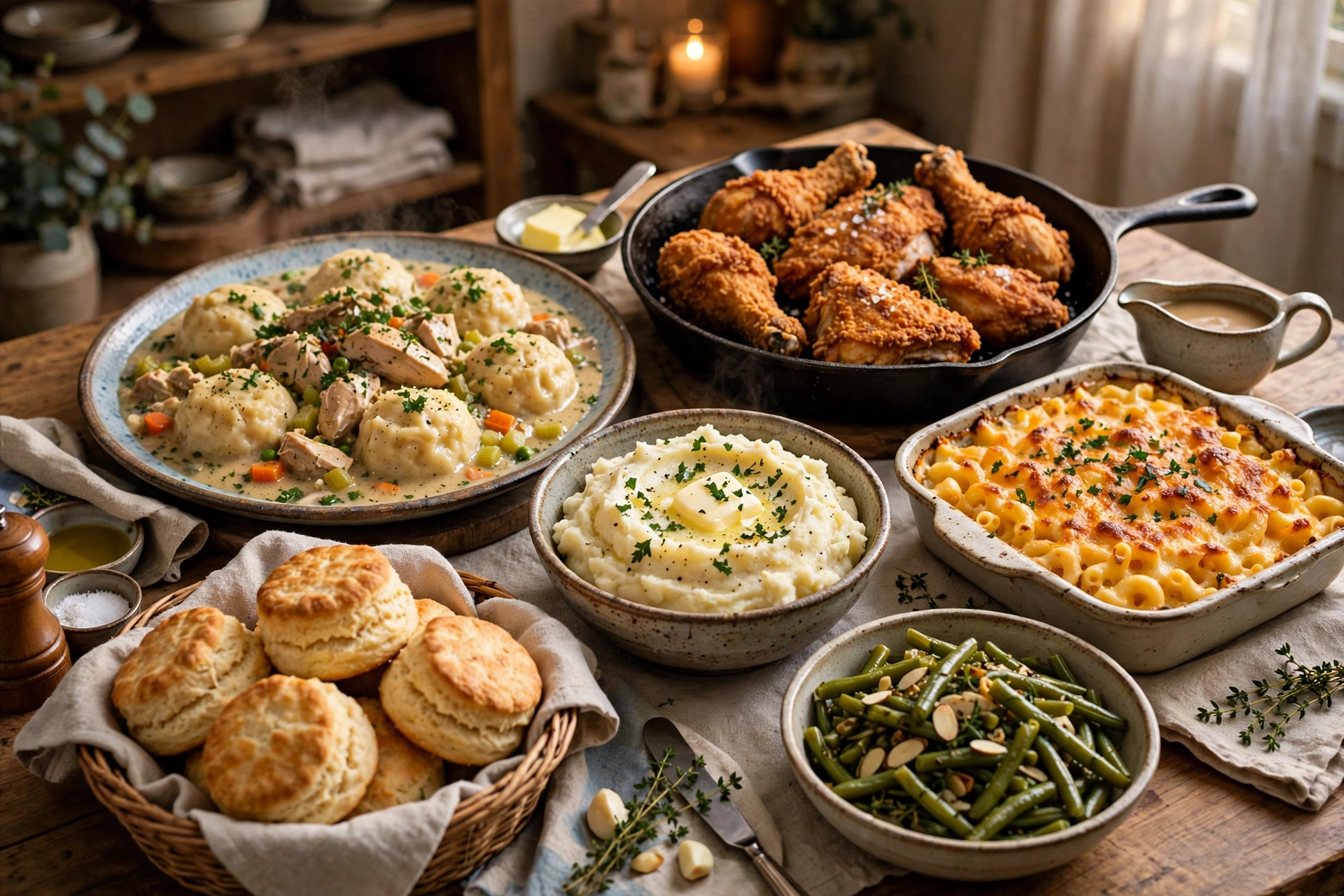 Cracker Barrel family meals: family dinner spread with chicken, dumplings and sides