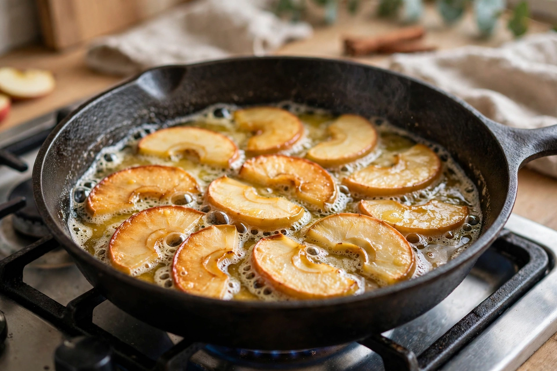Apple slices cooking in butter in a cast iron skillet
