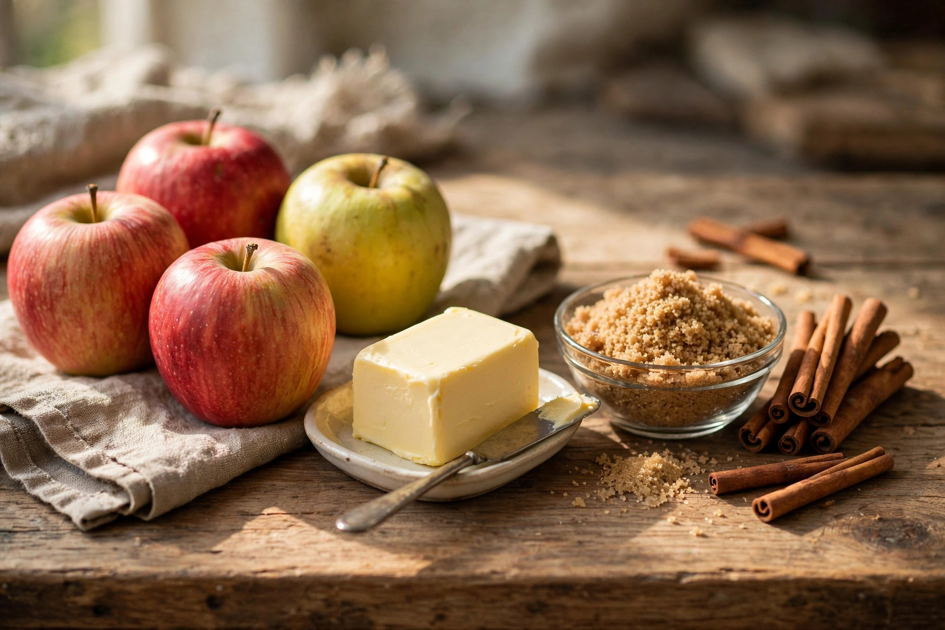 Fresh apples, butter, cinnamon and brown sugar on a kitchen counter