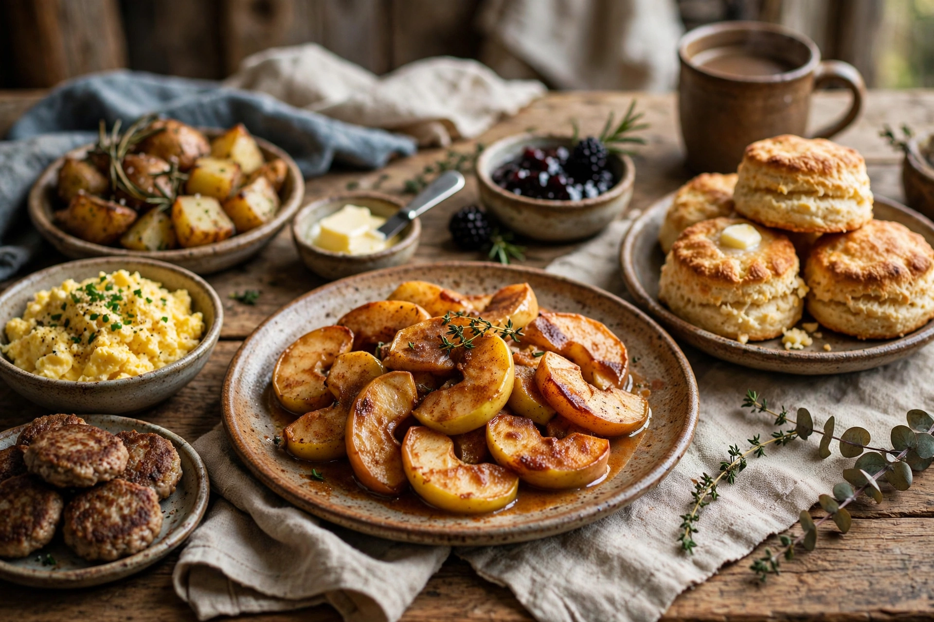 Fried apples served with biscuits and breakfast dishes