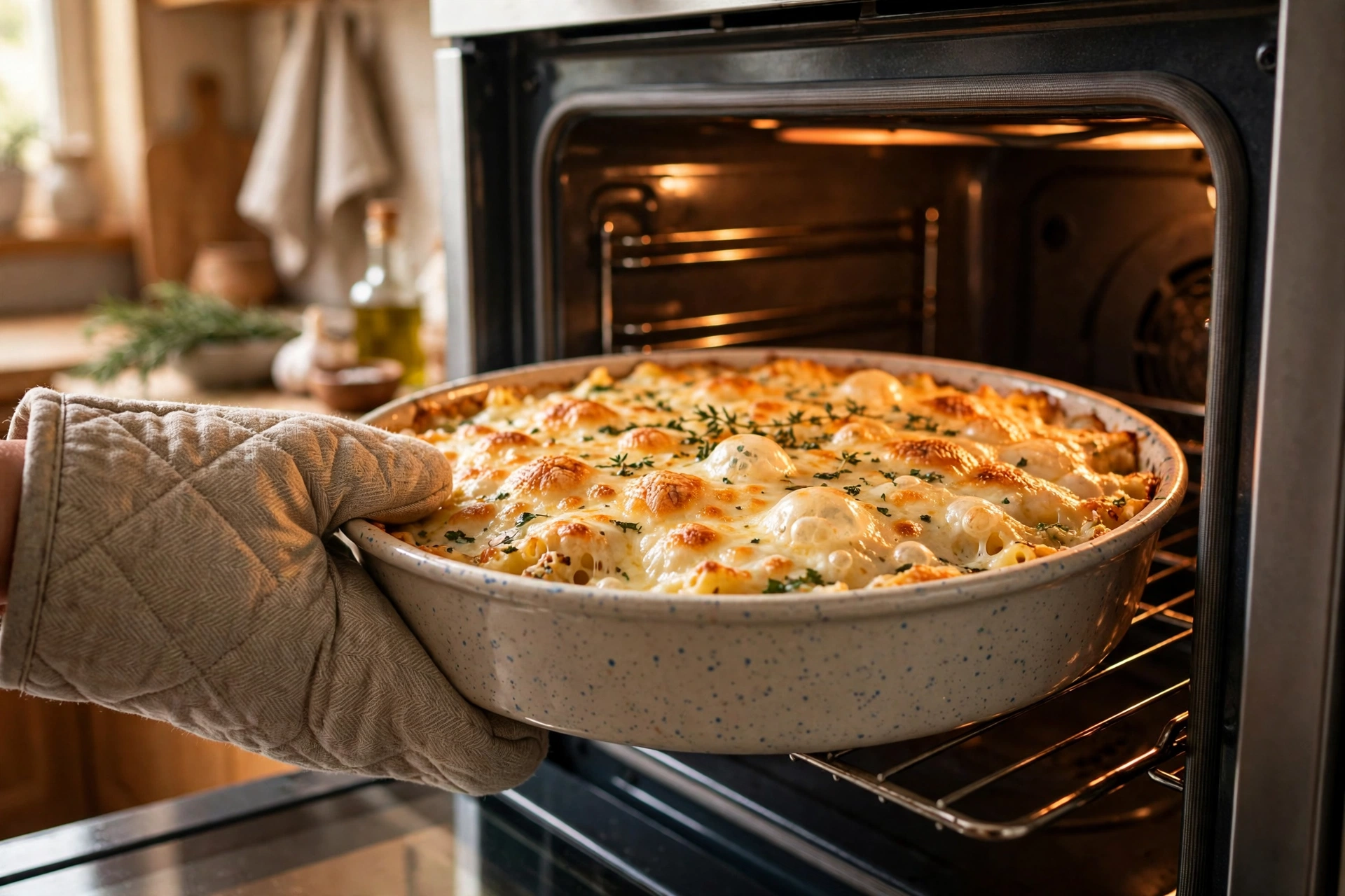 Hashbrown casserole baking in a home oven with melted golden cheese