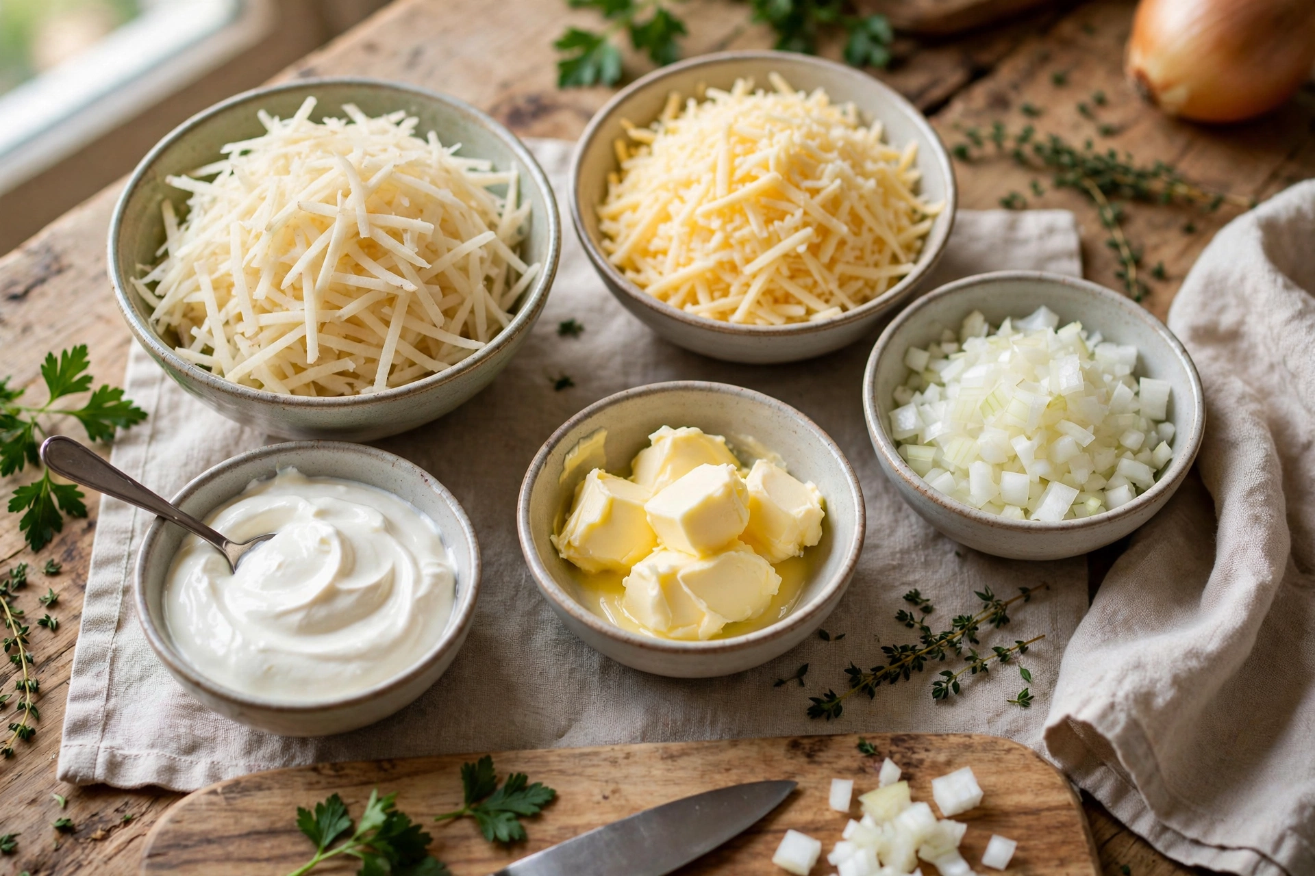 Ingredients for a homemade hashbrown casserole including shredded potatoes, cheese, sour cream, butter, and onion