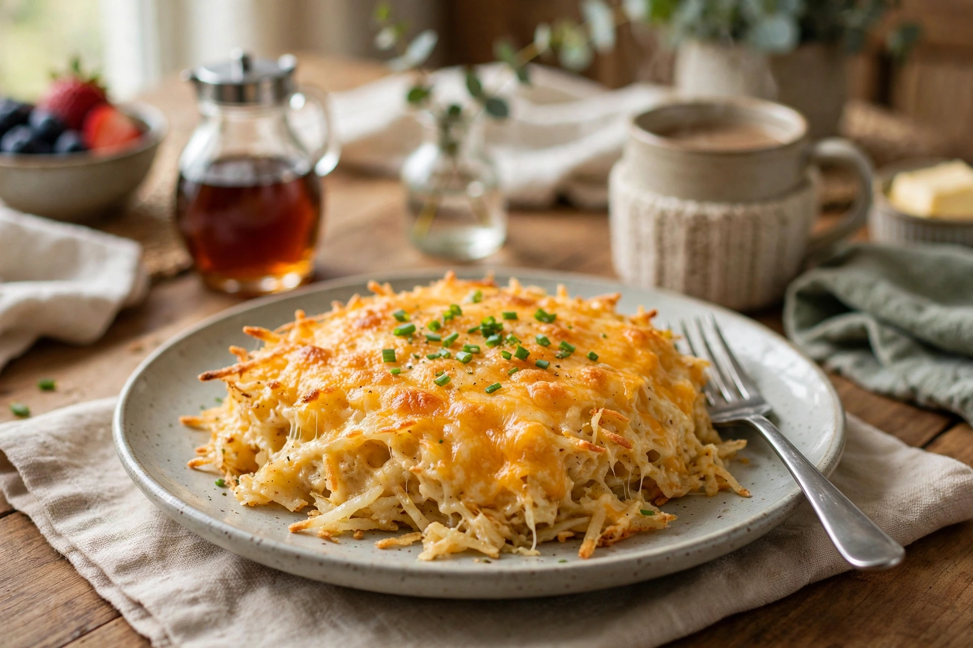 A warm serving of cheesy hashbrown casserole on a breakfast plate