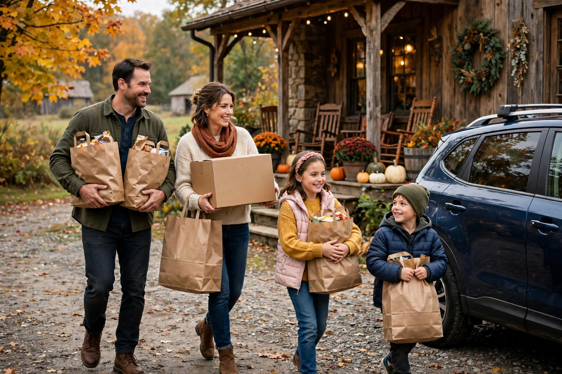 Family carrying a boxed holiday meal to their car for pickup