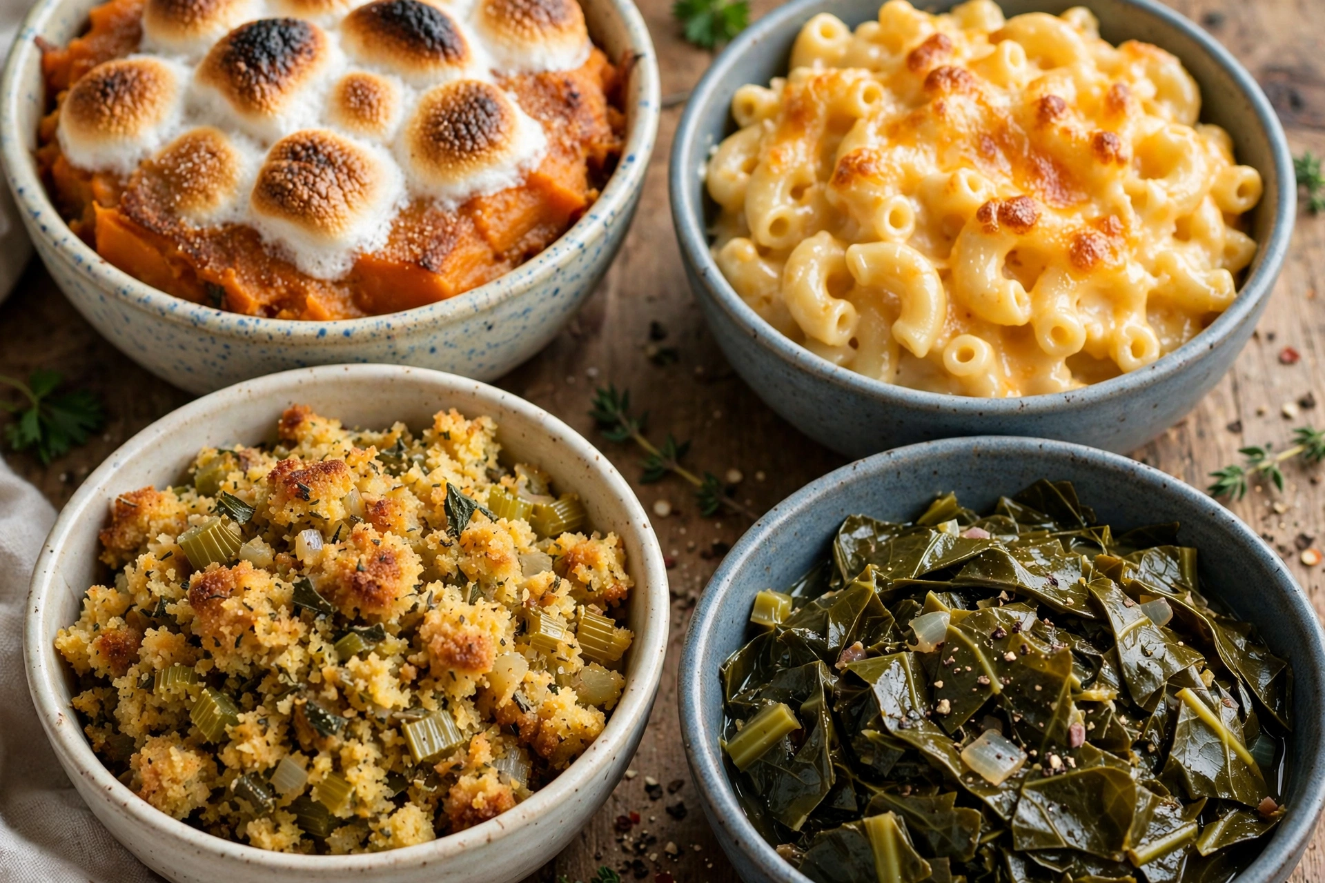 Classic Southern side dishes in ceramic serving bowls for a holiday meal