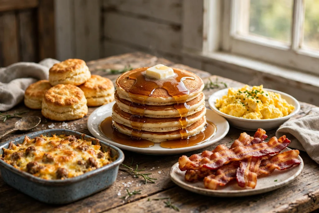 Cracker Barrel menu with prices: country breakfast spread with pancakes, eggs, bacon and biscuits
