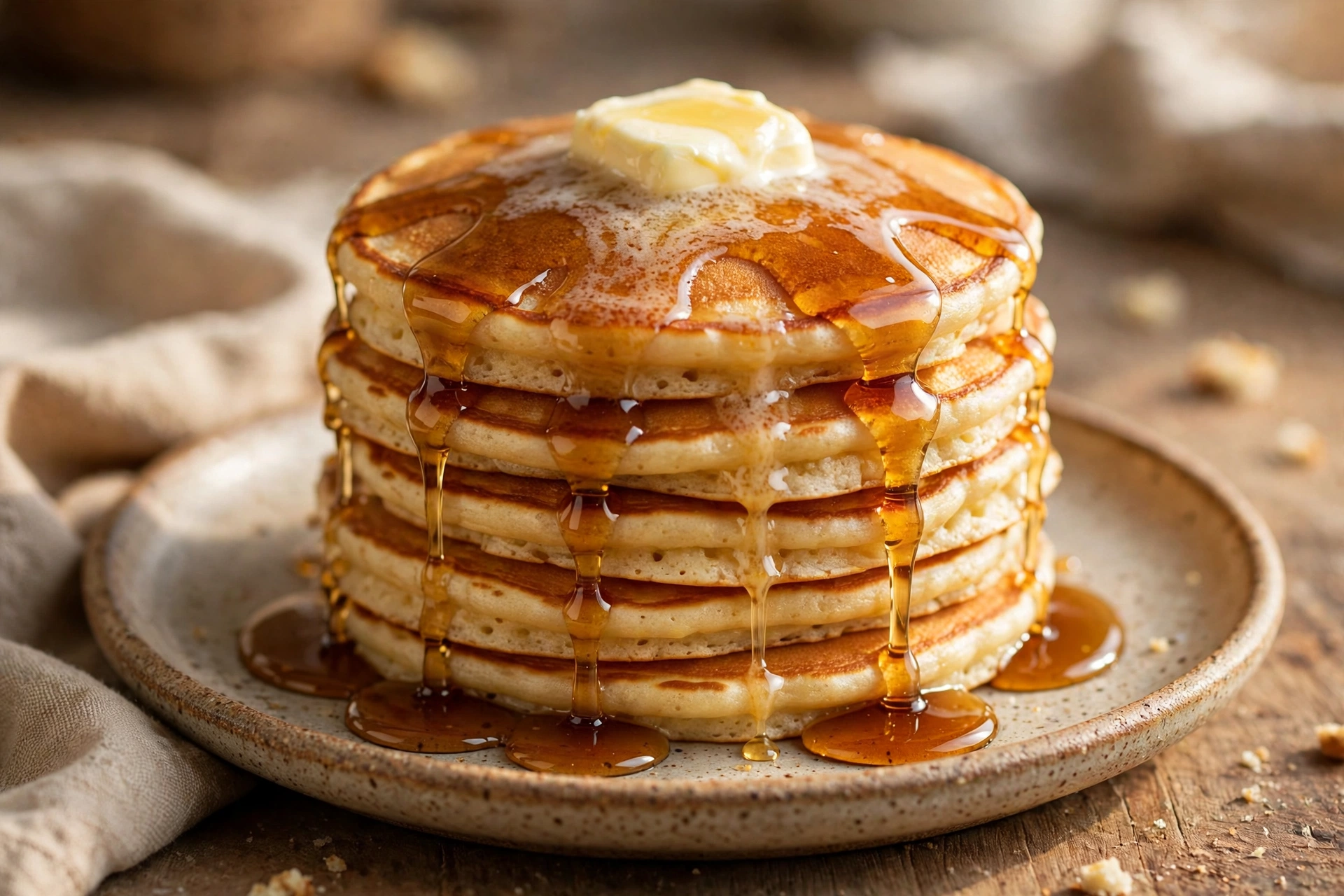 Stack of buttermilk pancakes with butter and syrup