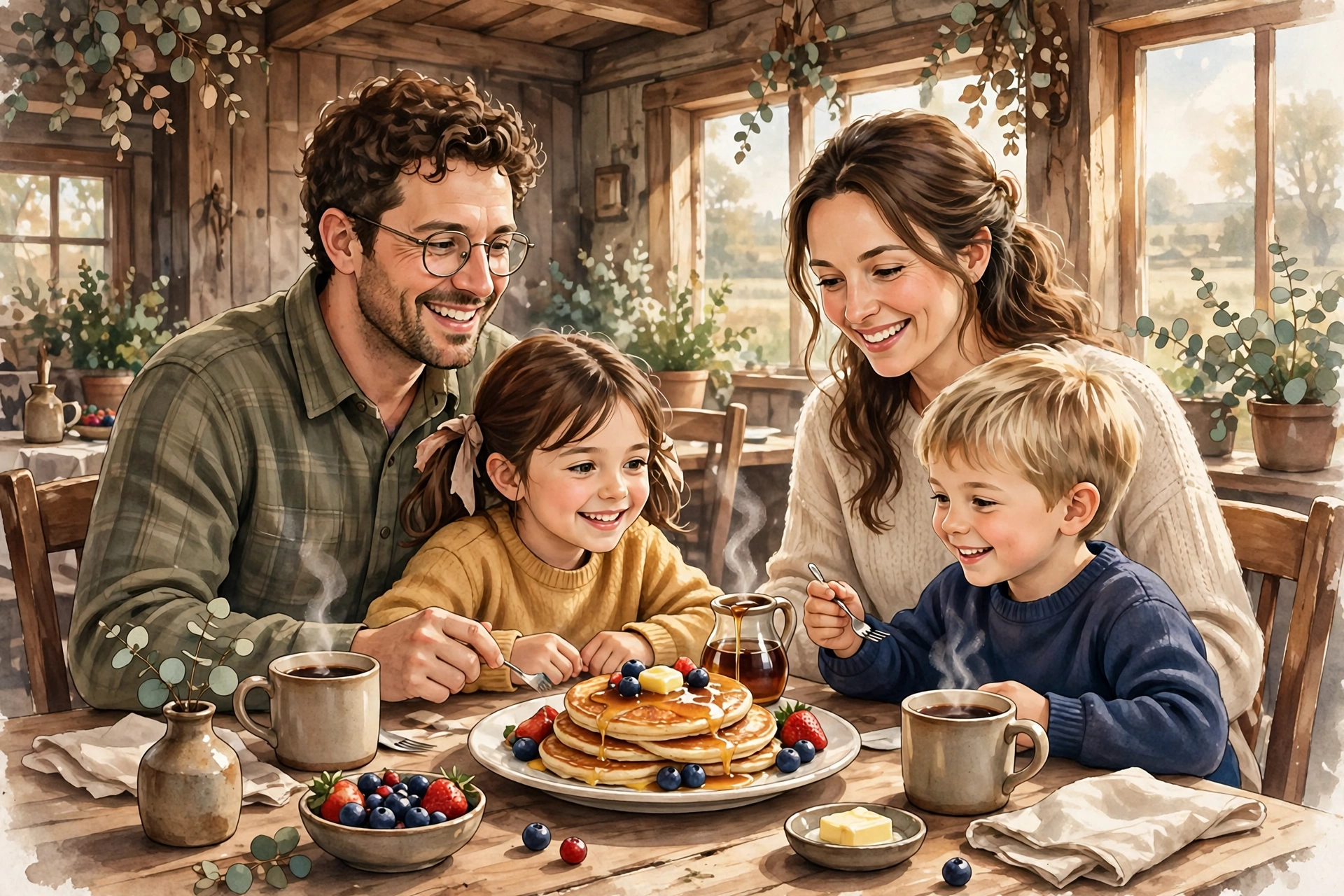family enjoying breakfast at a country restaurant