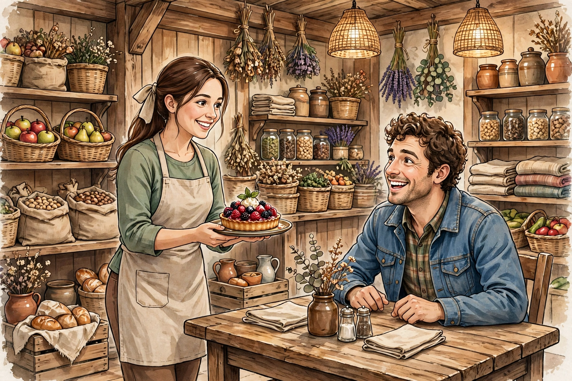 server bringing dessert to a diner at a country restaurant