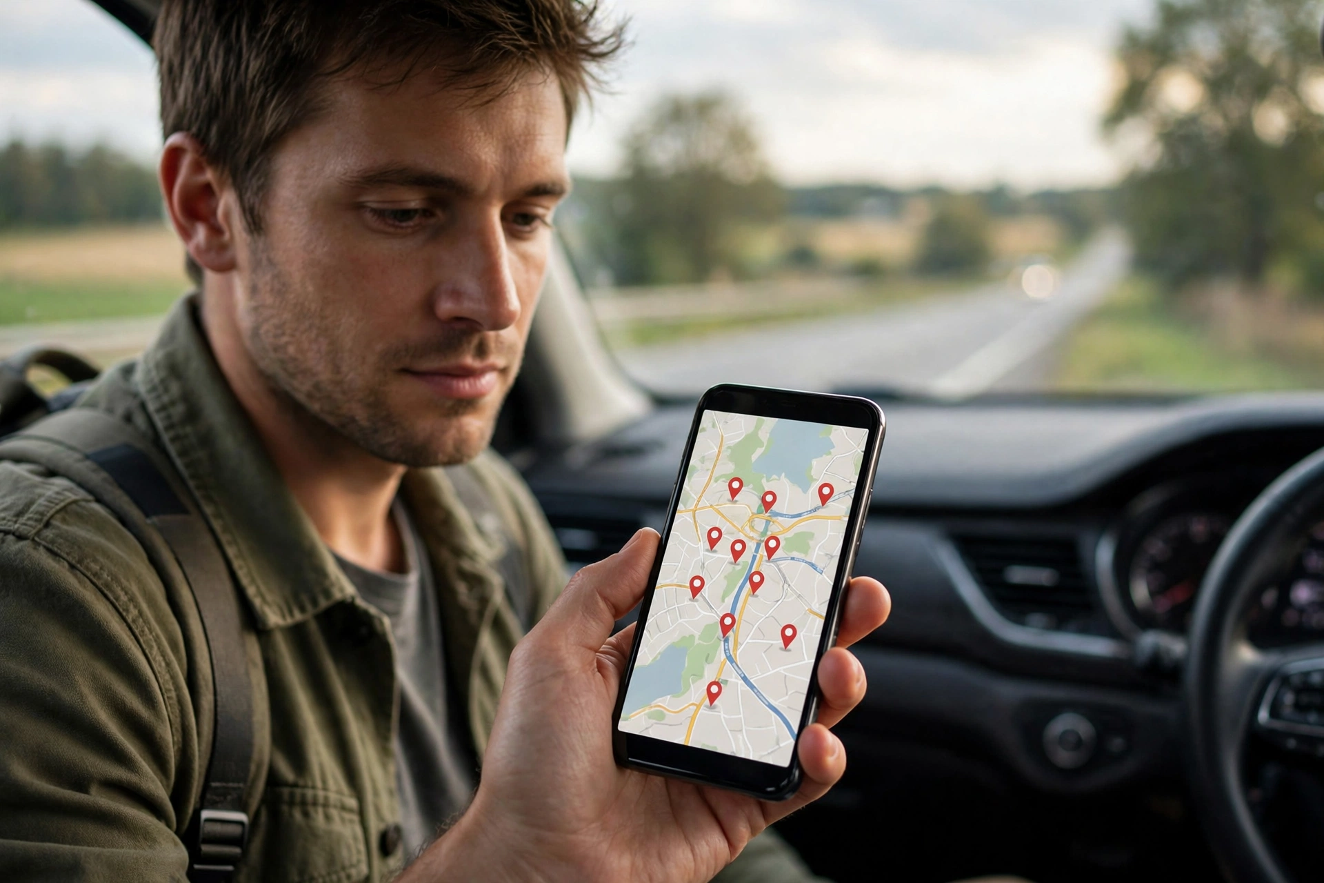 Traveler using a phone map to find the closest Cracker Barrel restaurant