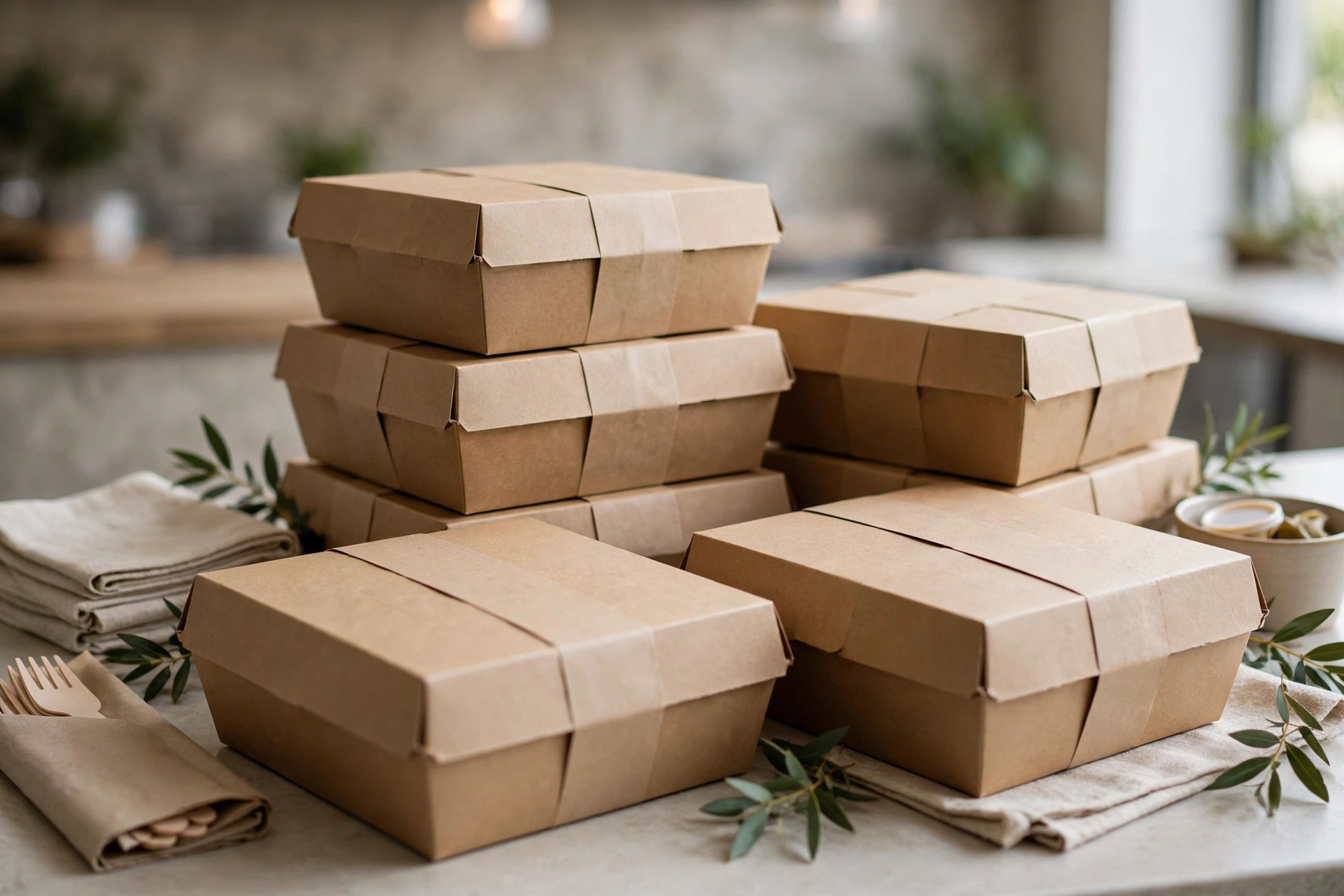 Packed takeaway meal boxes ready for pickup